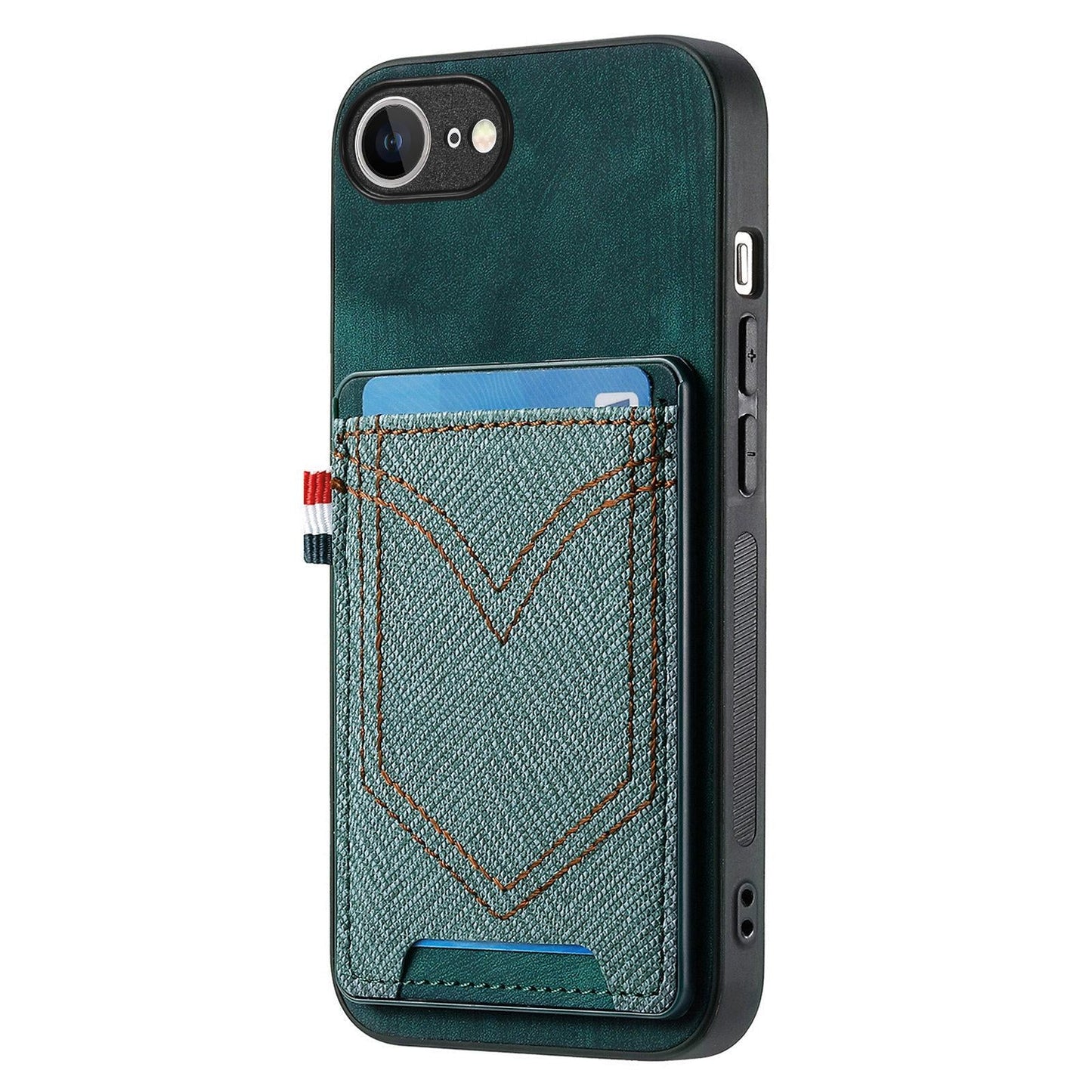 For iPhone 16e Denim Texture Leather Skin Phone Case with Card Slot(Green)