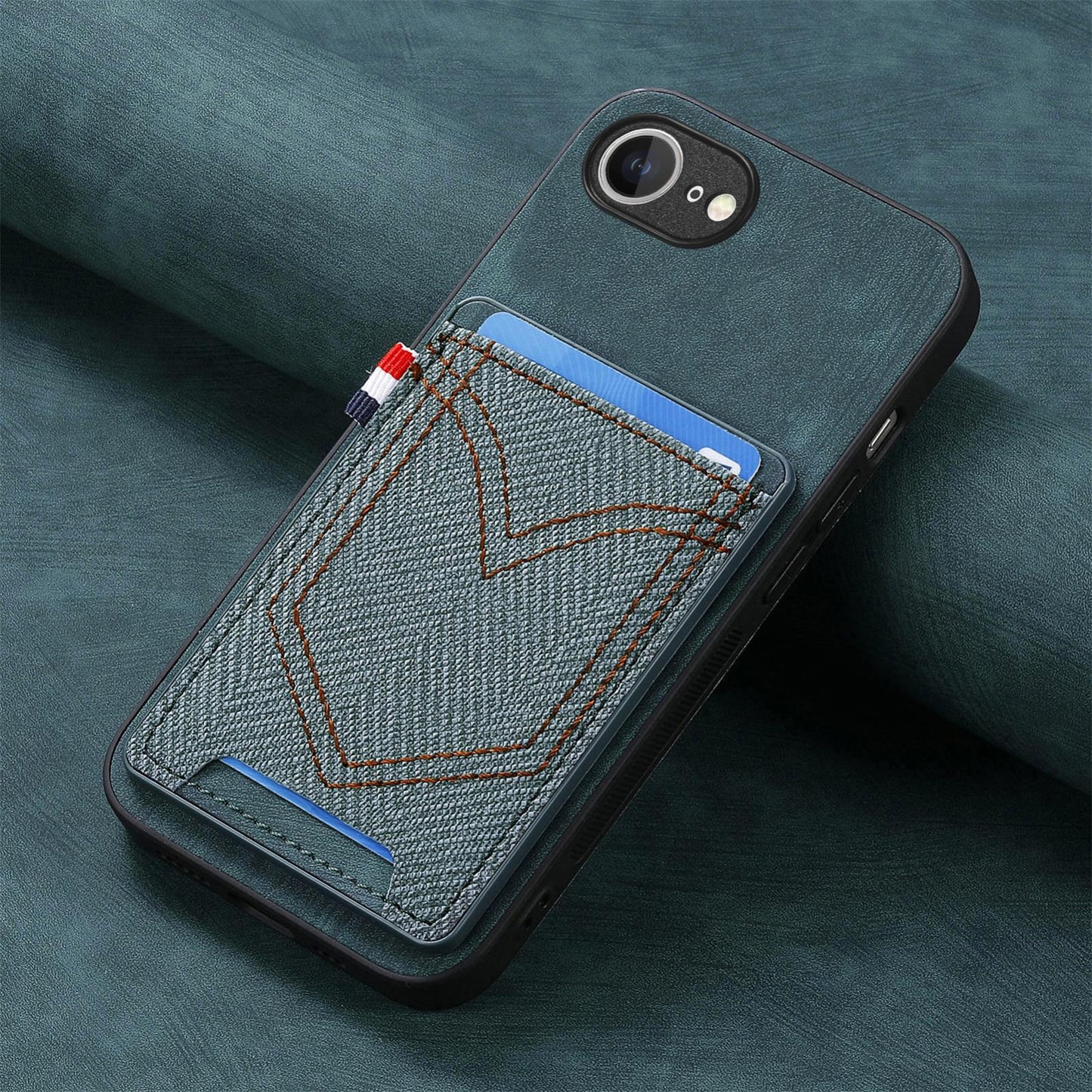 For iPhone 16e Denim Texture Leather Skin Phone Case with Card Slot(Green)