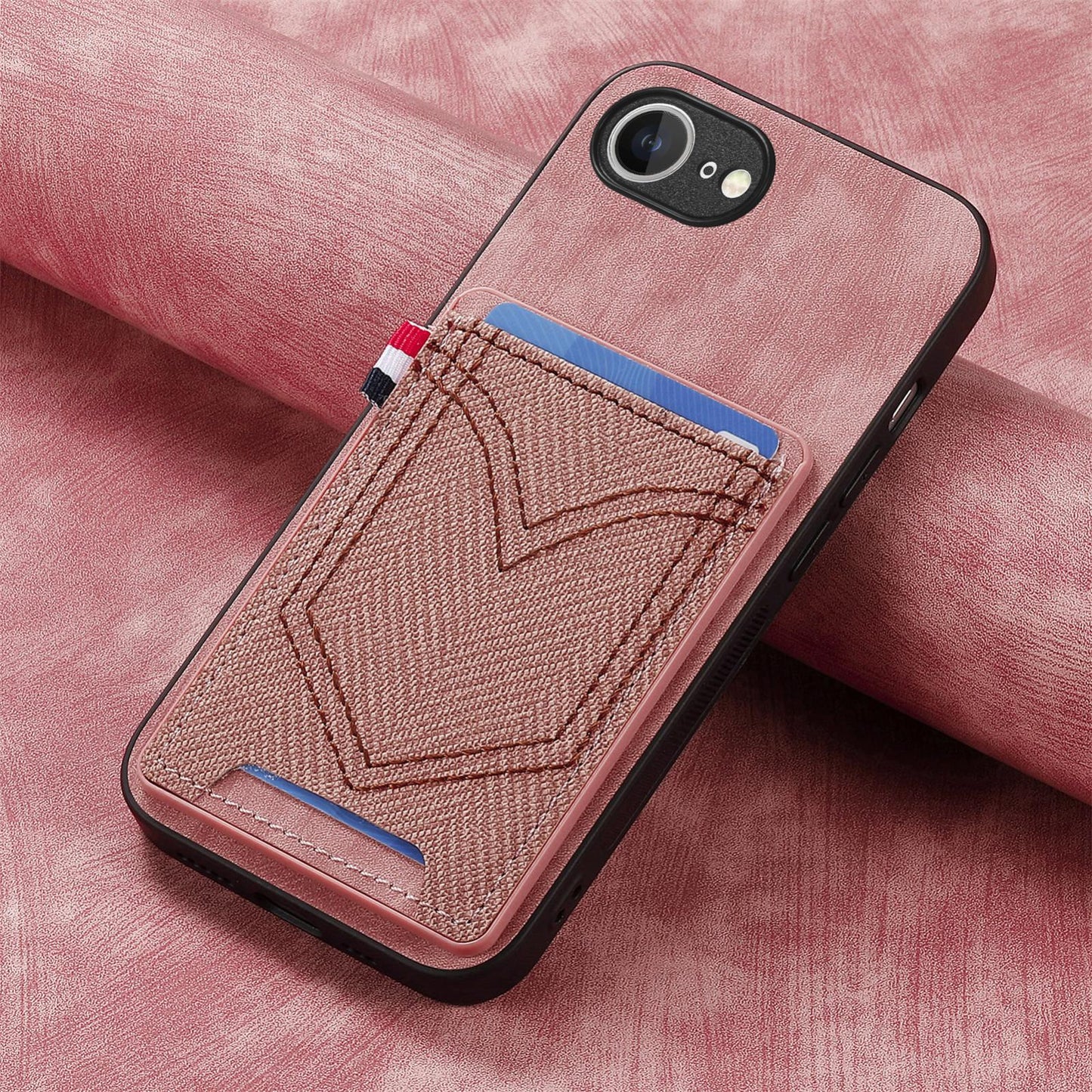 For iPhone 16e Denim Texture Leather Skin Phone Case with Card Slot(Pink)