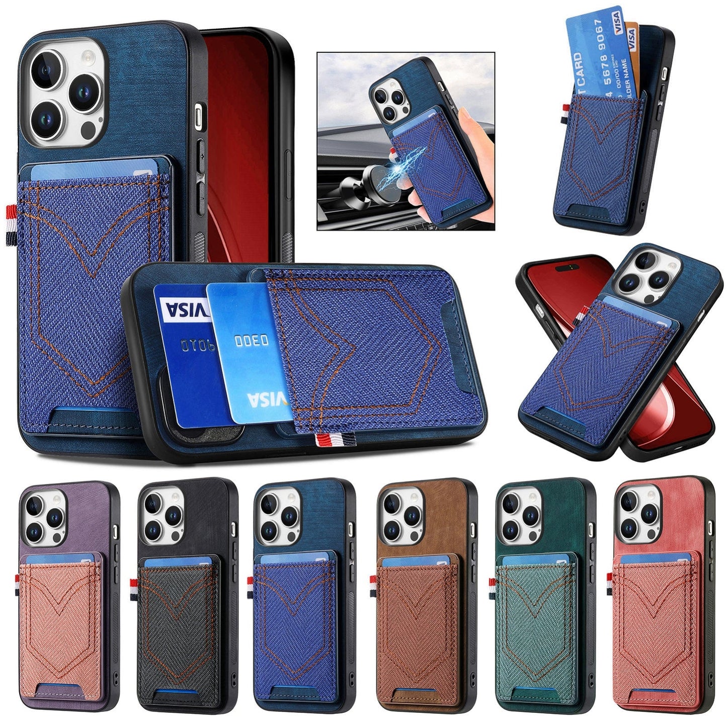 For iPhone 16e Denim Texture Leather Skin Phone Case with Card Slot(Black)