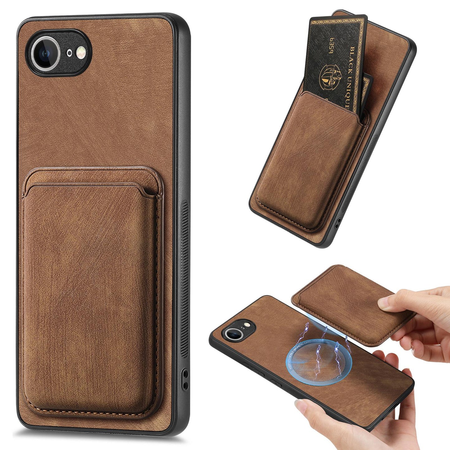 For iPhone 16e Retro Leather Card Bag Magnetic Phone Case(Brown)