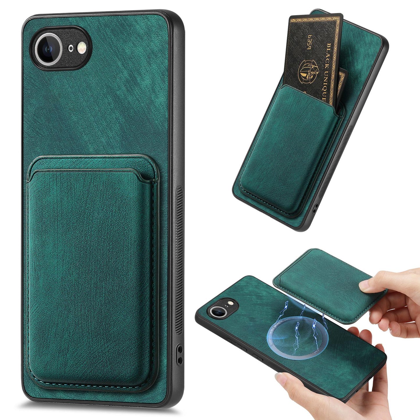For iPhone 16e Retro Leather Card Bag Magnetic Phone Case(Green)