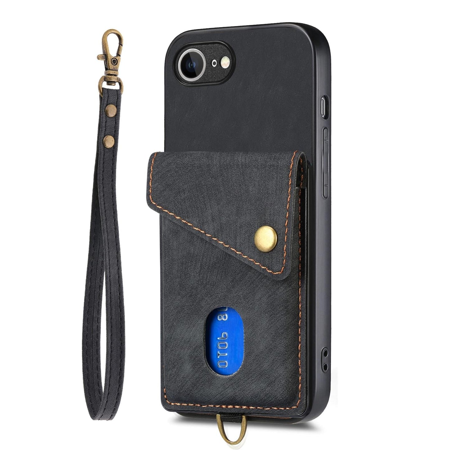 For iPhone 16e Retro Card Wallet Fold Leather Phone Case with Strap(Black)