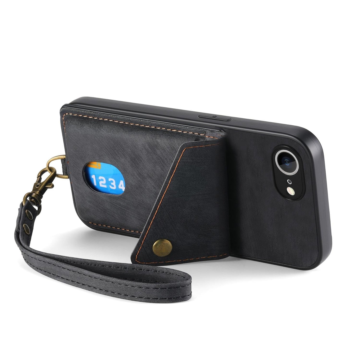 For iPhone 16e Retro Card Wallet Fold Leather Phone Case with Strap(Black)