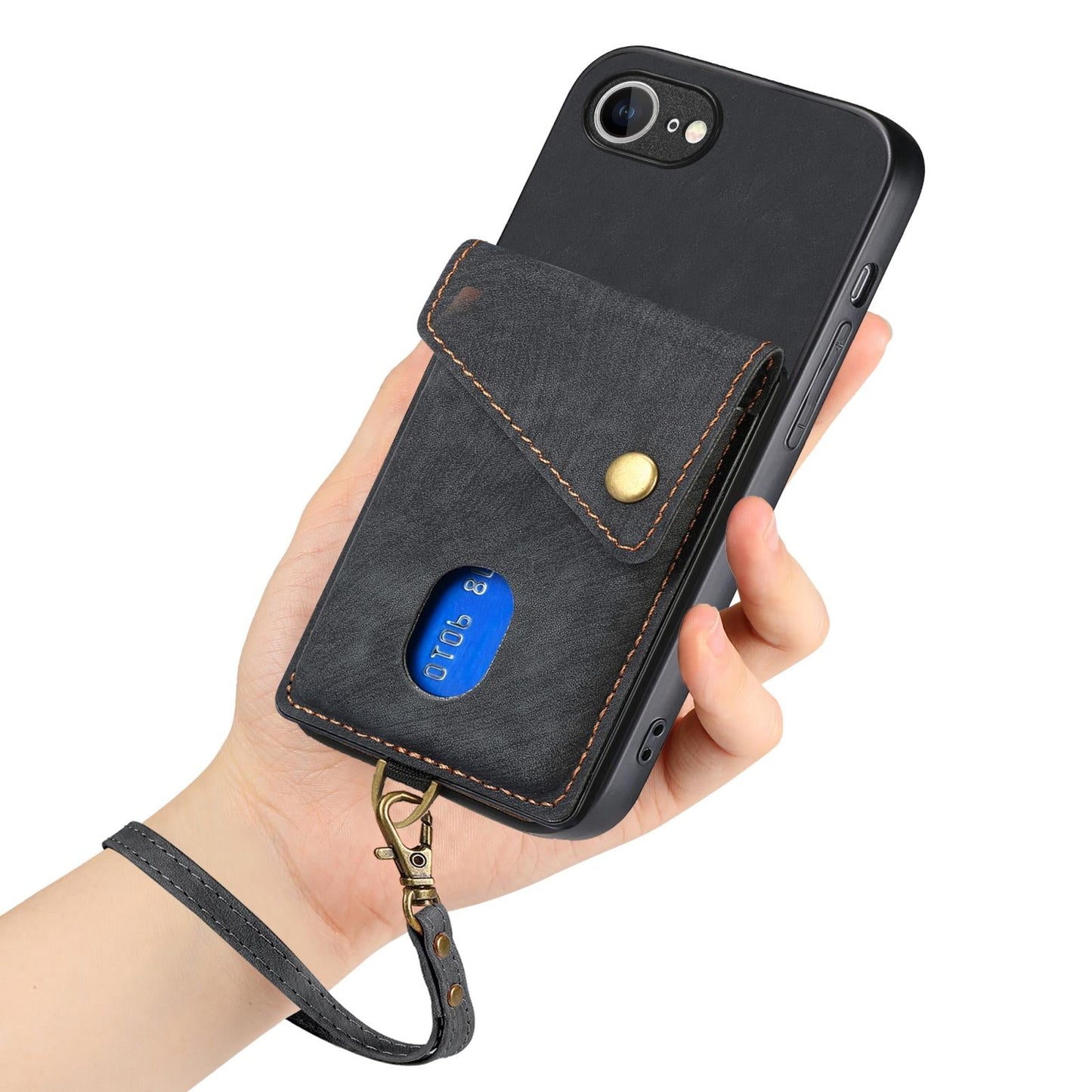 For iPhone 16e Retro Card Wallet Fold Leather Phone Case with Strap(Black)