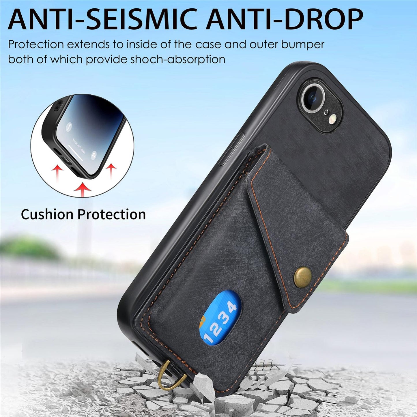 For iPhone 16e Retro Card Wallet Fold Leather Phone Case with Strap(Black)