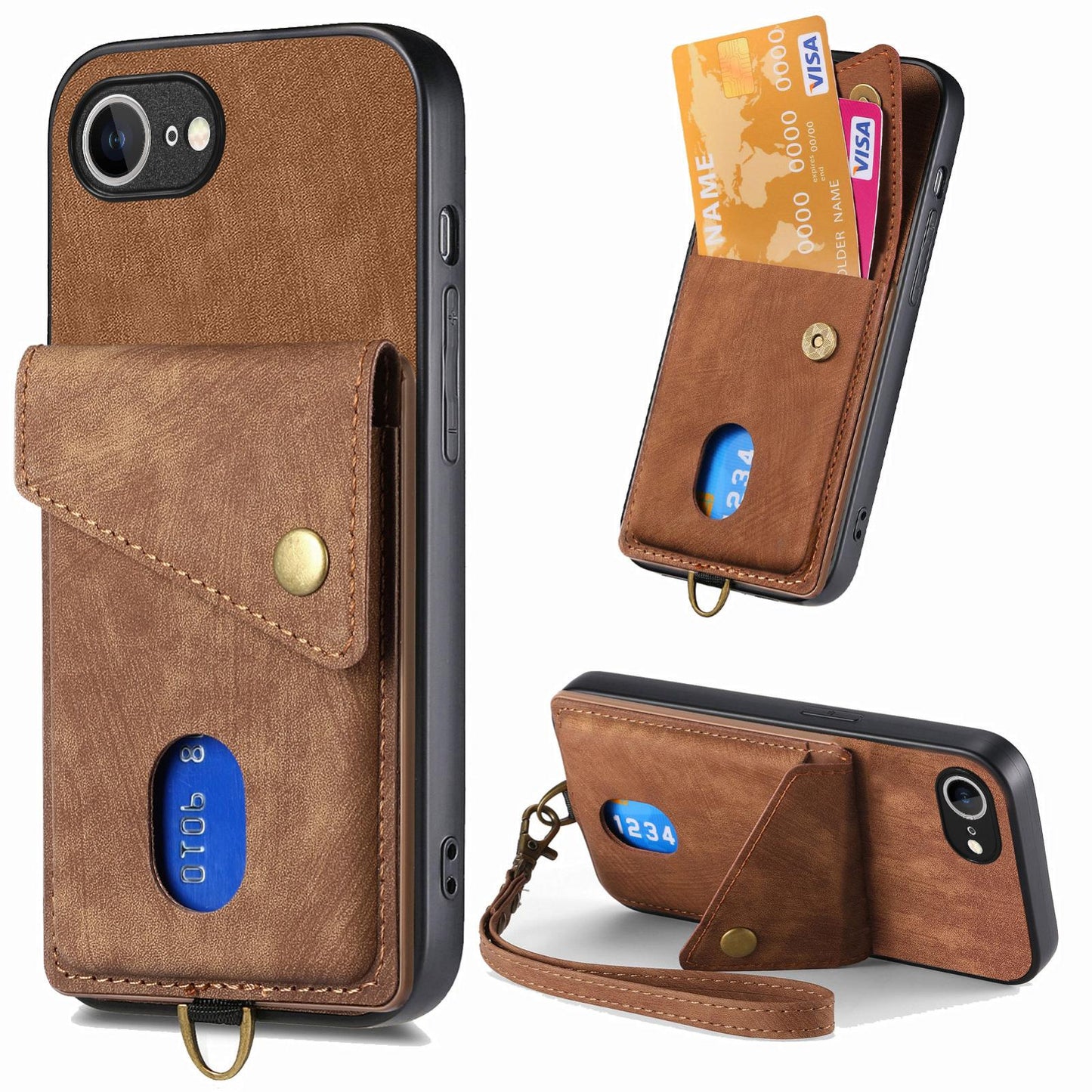 For iPhone 16e Retro Card Wallet Fold Leather Phone Case with Strap(Brown)