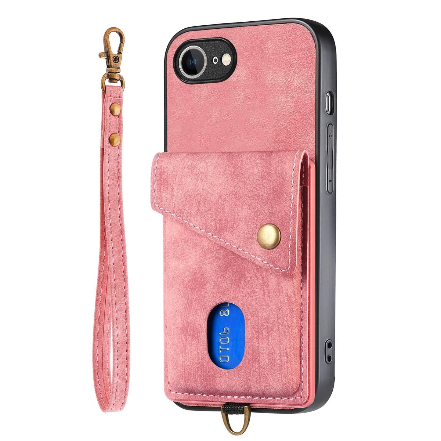 For iPhone 16e Retro Card Wallet Fold Leather Phone Case with Strap(Pink)