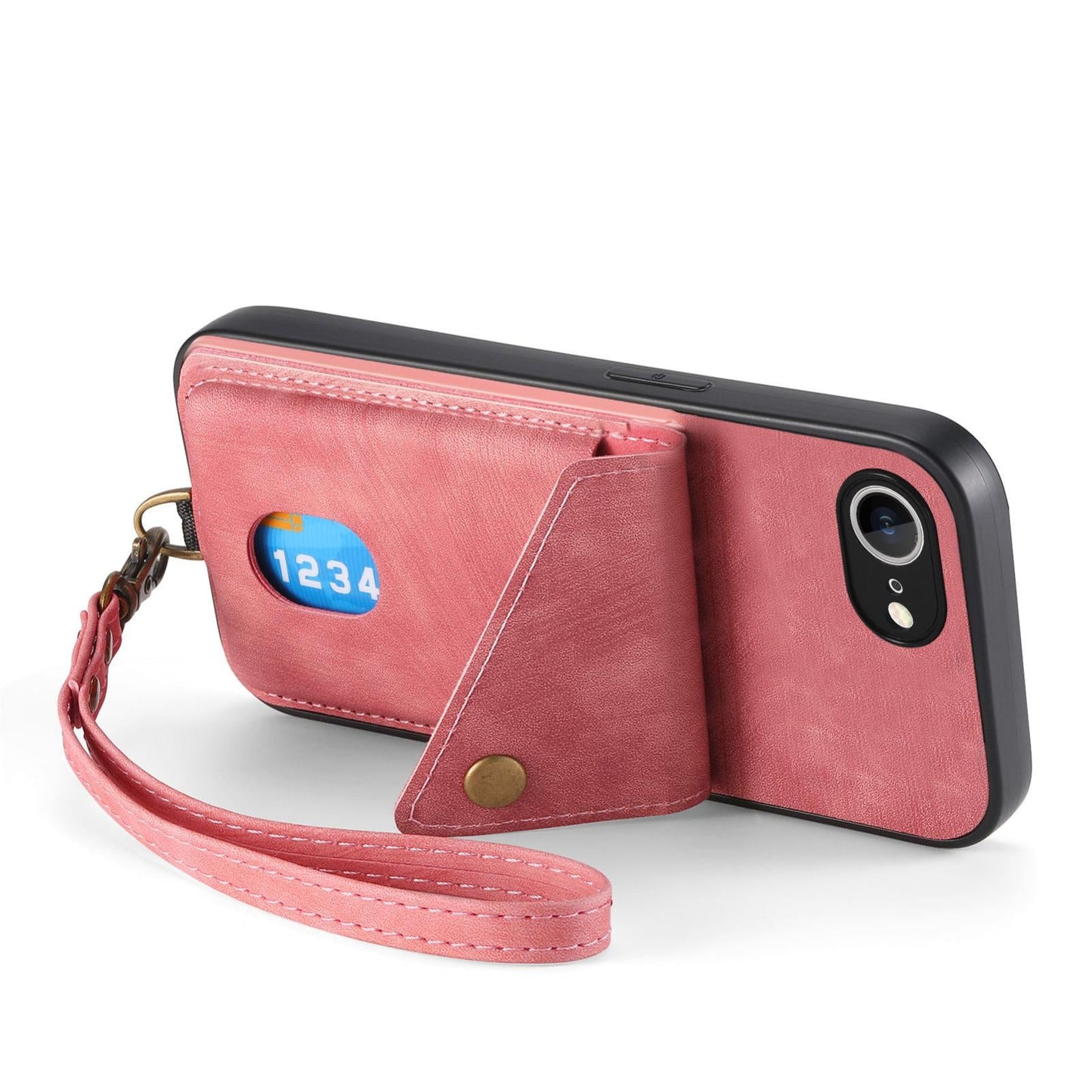 For iPhone 16e Retro Card Wallet Fold Leather Phone Case with Strap(Pink)