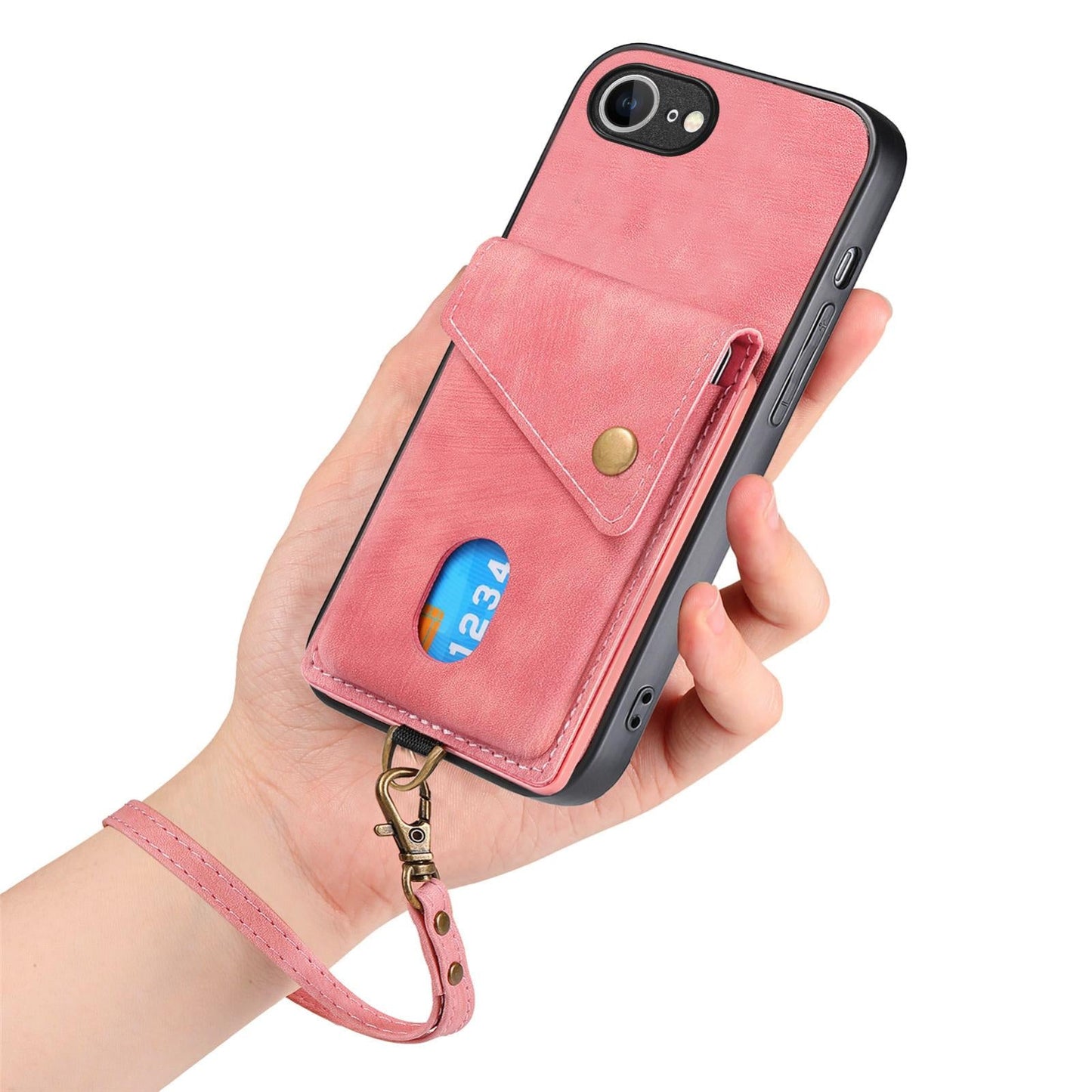 For iPhone 16e Retro Card Wallet Fold Leather Phone Case with Strap(Pink)