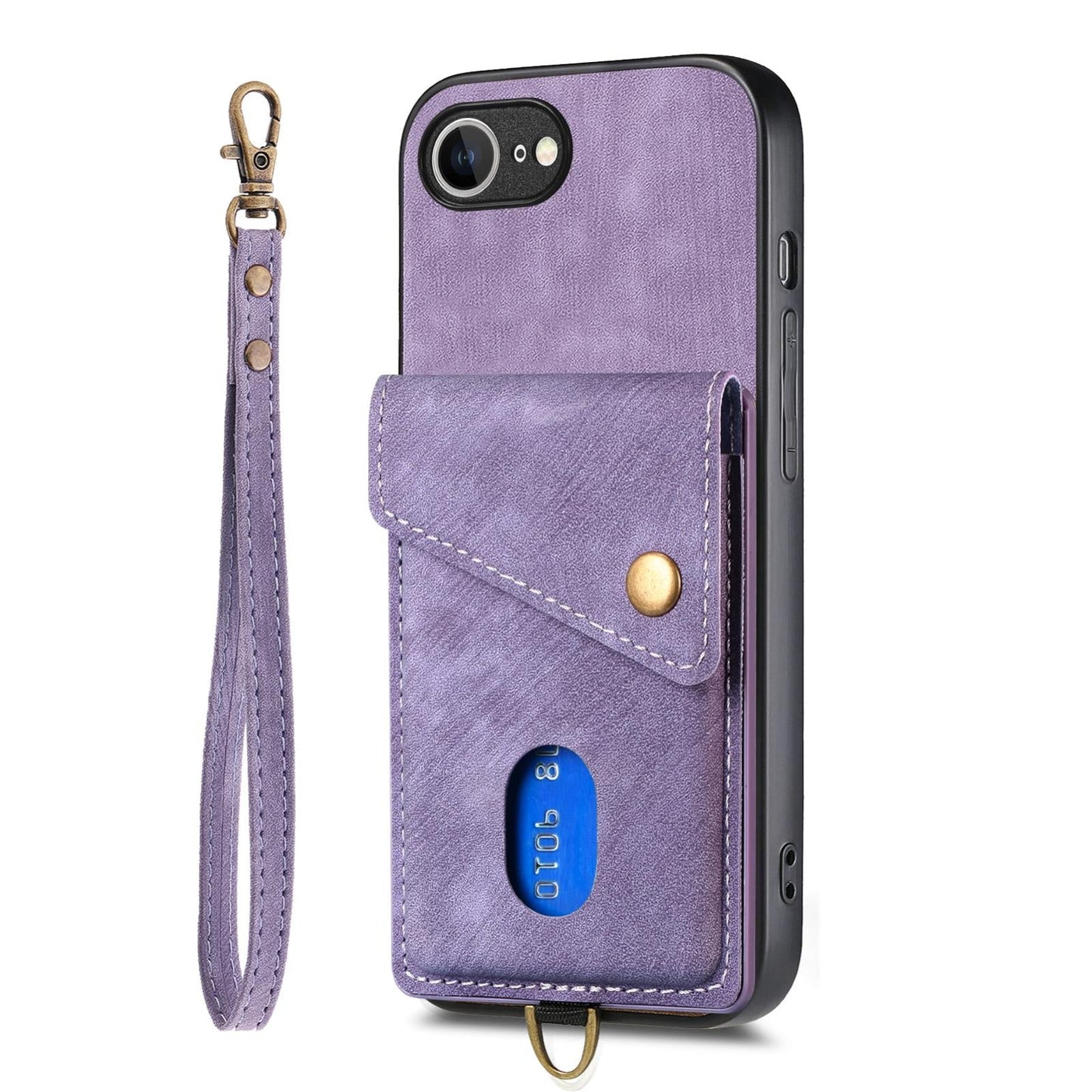 For iPhone 16e Retro Card Wallet Fold Leather Phone Case with Strap(Purple)