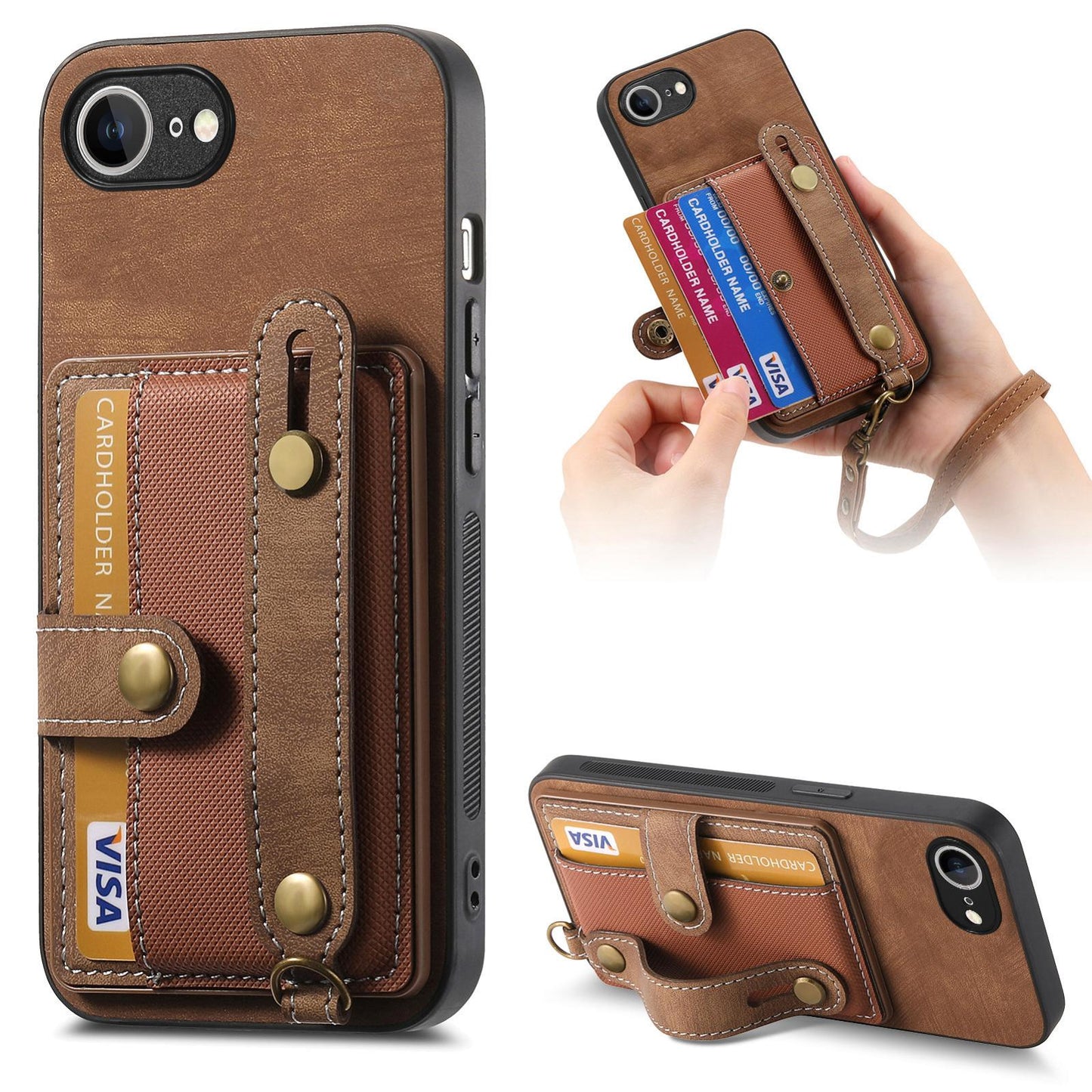 For iPhone 16e Retro Cross Wristband Wallet Leather Back Phone Case(Brown)