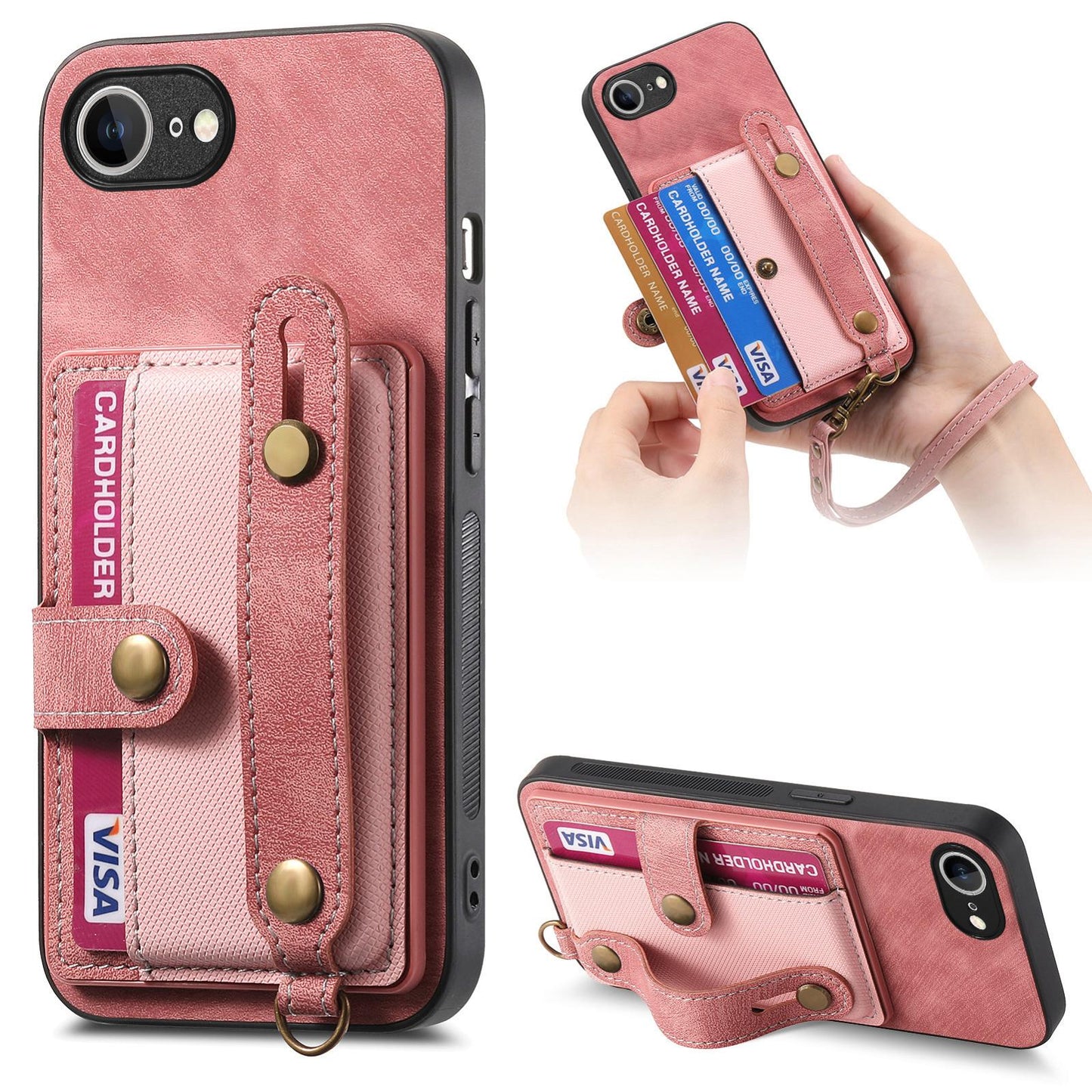 For iPhone 16e Retro Cross Wristband Wallet Leather Back Phone Case(Pink)
