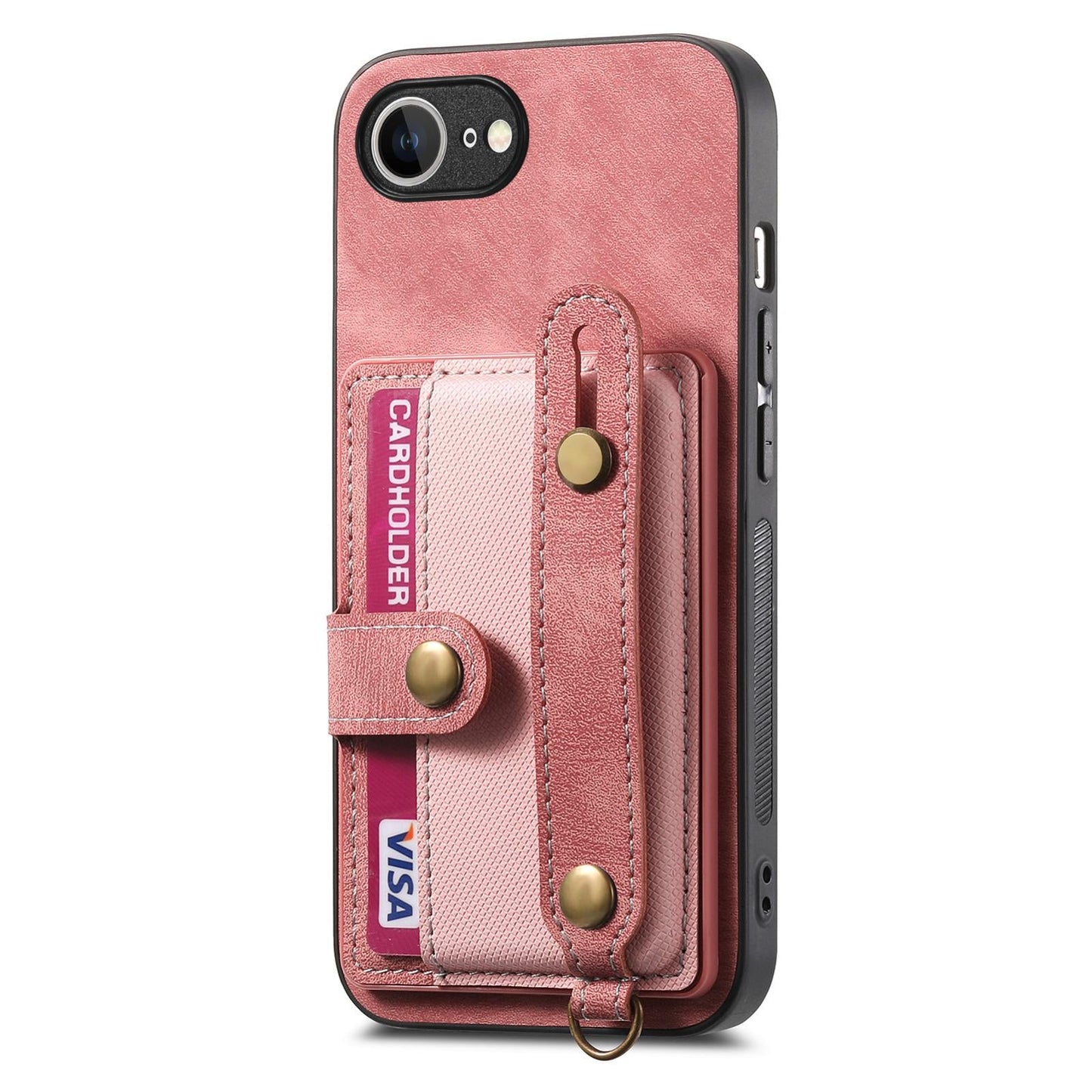 For iPhone 16e Retro Cross Wristband Wallet Leather Back Phone Case(Pink)
