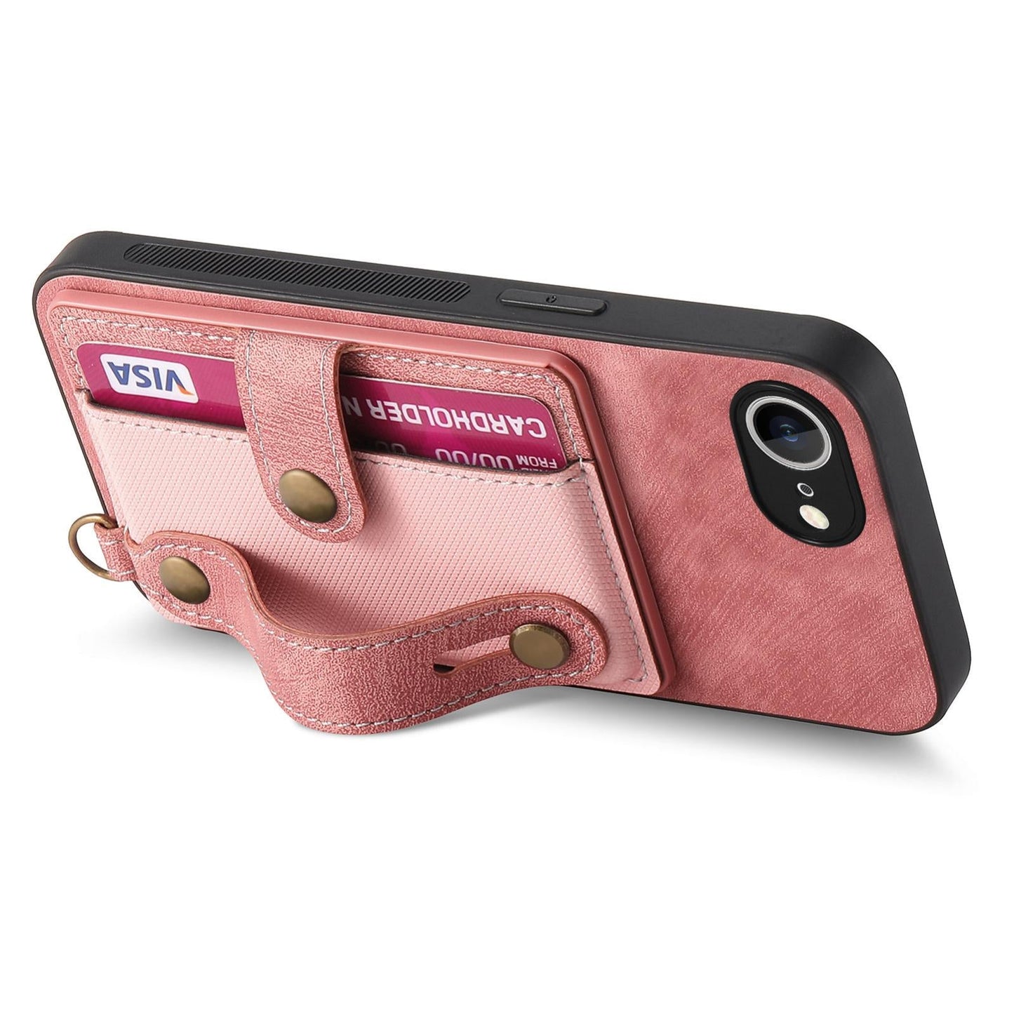 For iPhone 16e Retro Cross Wristband Wallet Leather Back Phone Case(Pink)