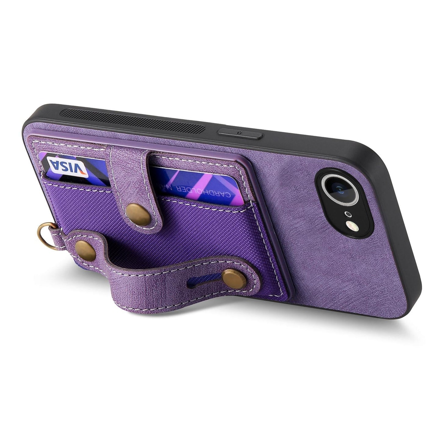 For iPhone 16e Retro Cross Wristband Wallet Leather Back Phone Case(Purple)