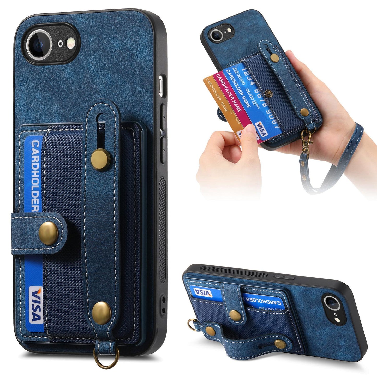 For iPhone 16e Retro Cross Wristband Wallet Leather Back Phone Case(Blue)