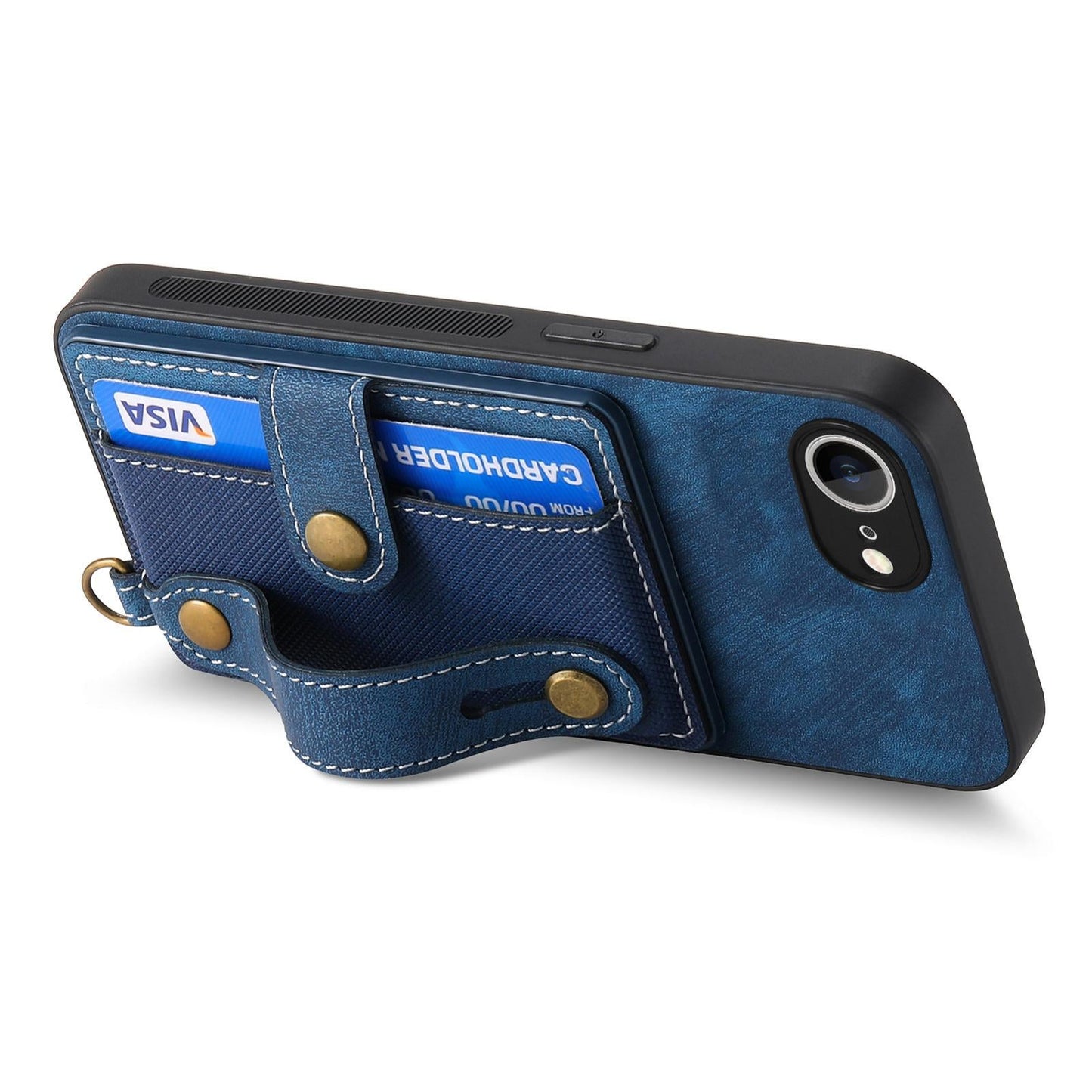 For iPhone 16e Retro Cross Wristband Wallet Leather Back Phone Case(Blue)