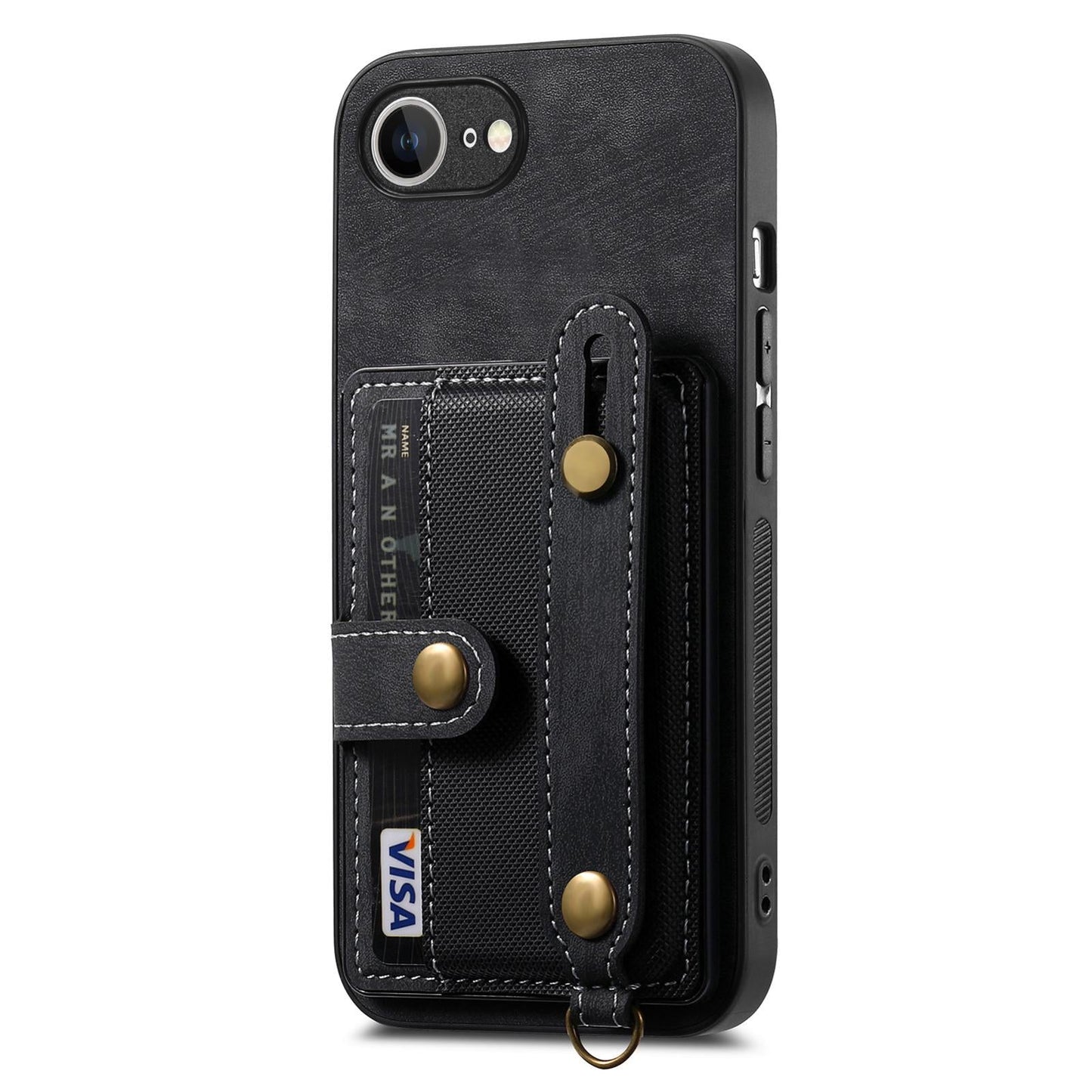 For iPhone 16e Retro Cross Wristband Wallet Leather Back Phone Case(Black)