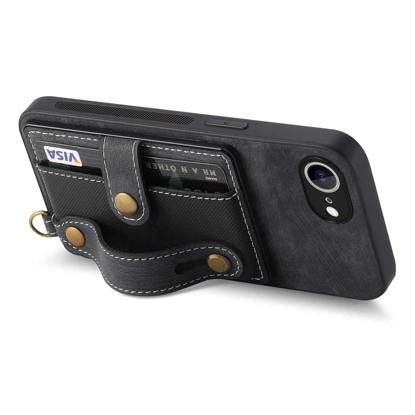 For iPhone 16e Retro Cross Wristband Wallet Leather Back Phone Case(Black)