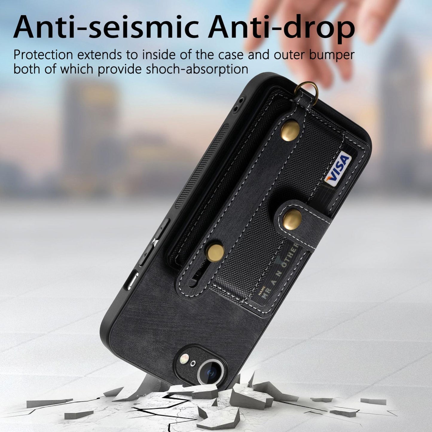 For iPhone 16e Retro Cross Wristband Wallet Leather Back Phone Case(Black)