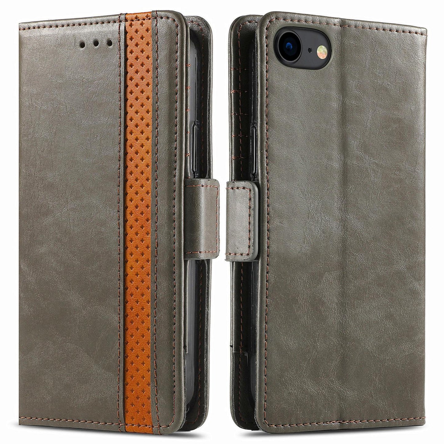 For iPhone 16e CaseNeo Splicing Dual Magnetic Buckle Leather Phone Case(Gray)