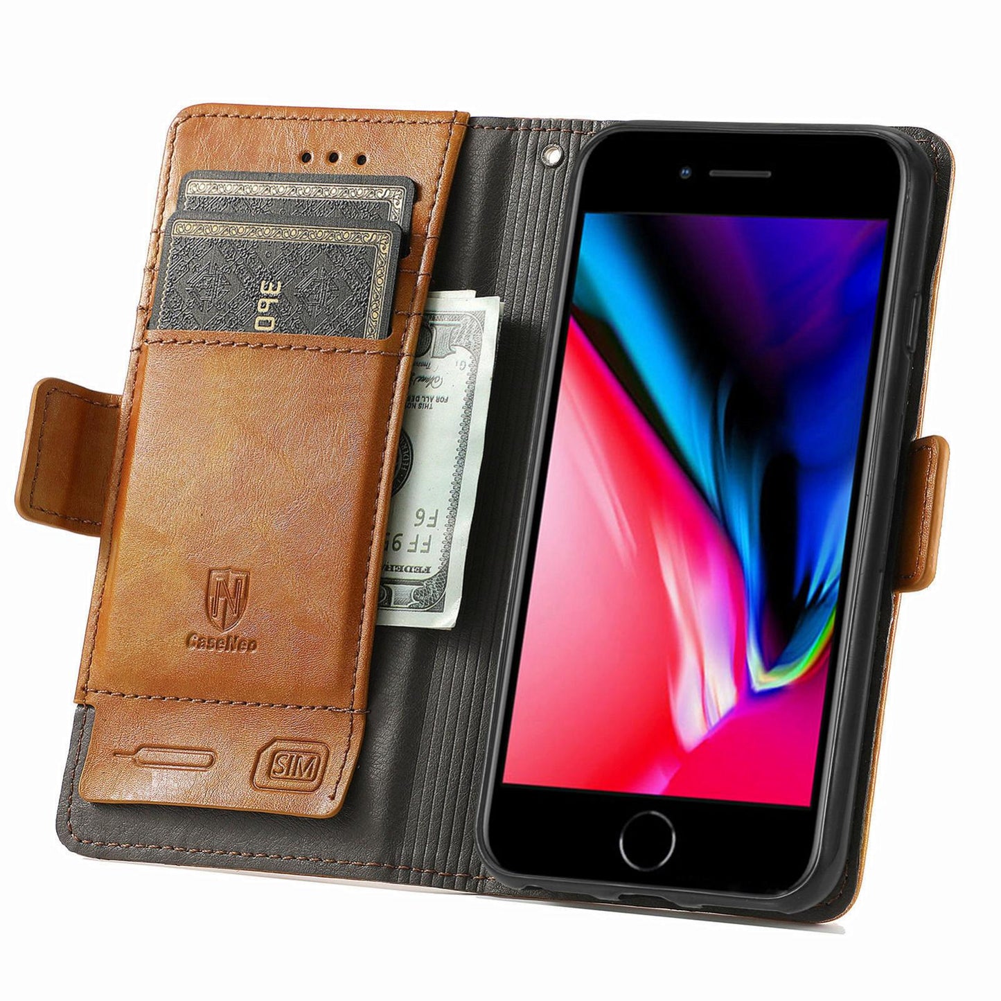 For iPhone 16e CaseNeo Splicing Dual Magnetic Buckle Leather Phone Case(Khaki)