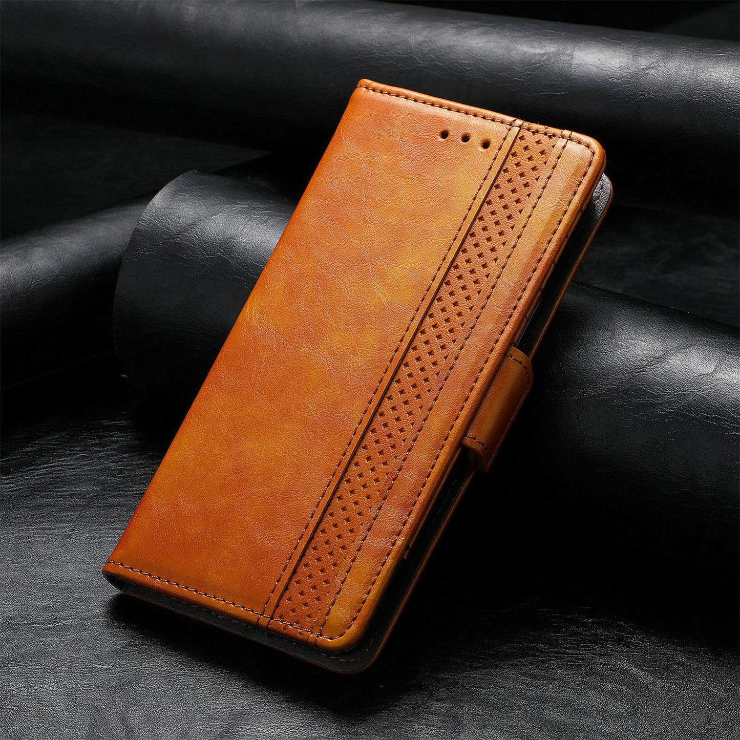 For iPhone 16e CaseNeo Splicing Dual Magnetic Buckle Leather Phone Case(Khaki)