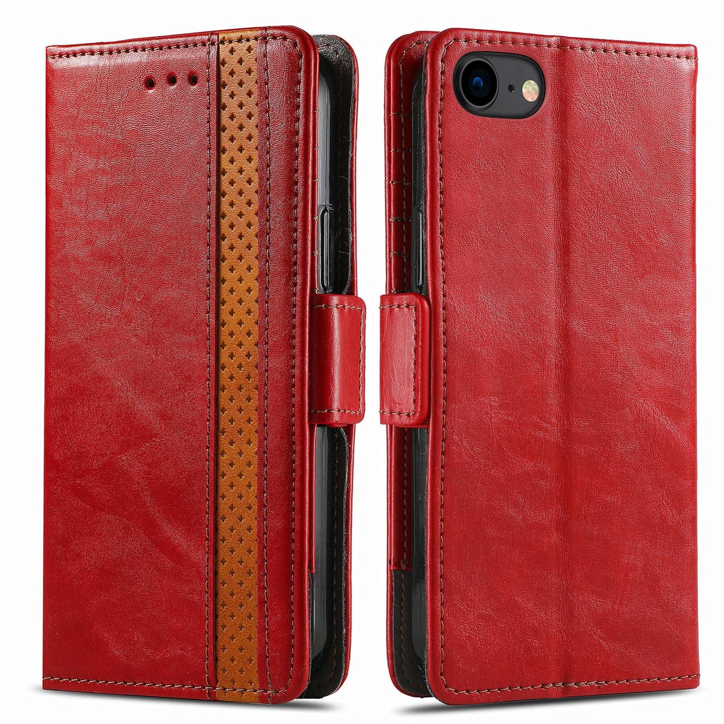 For iPhone 16e CaseNeo Splicing Dual Magnetic Buckle Leather Phone Case(Red)