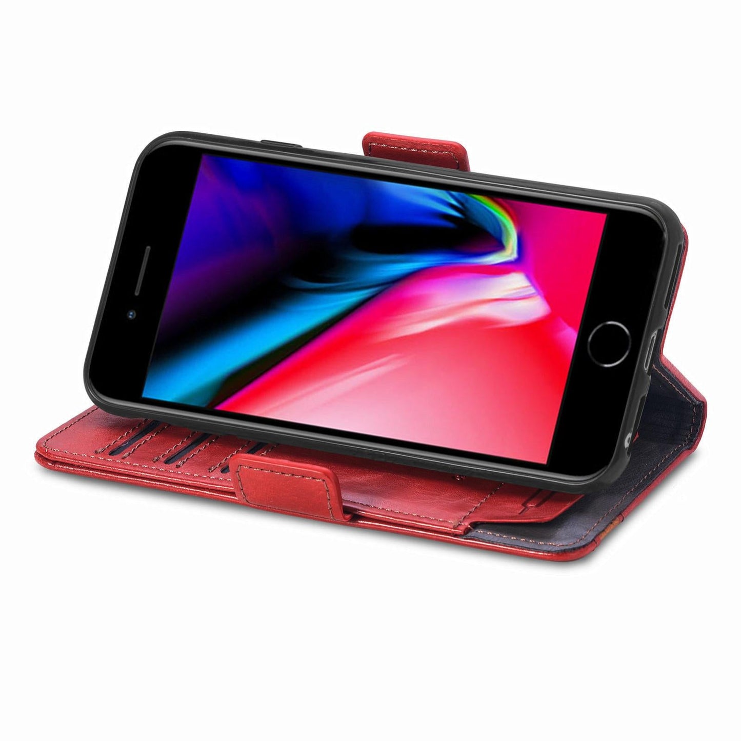 For iPhone 16e CaseNeo Splicing Dual Magnetic Buckle Leather Phone Case(Red)