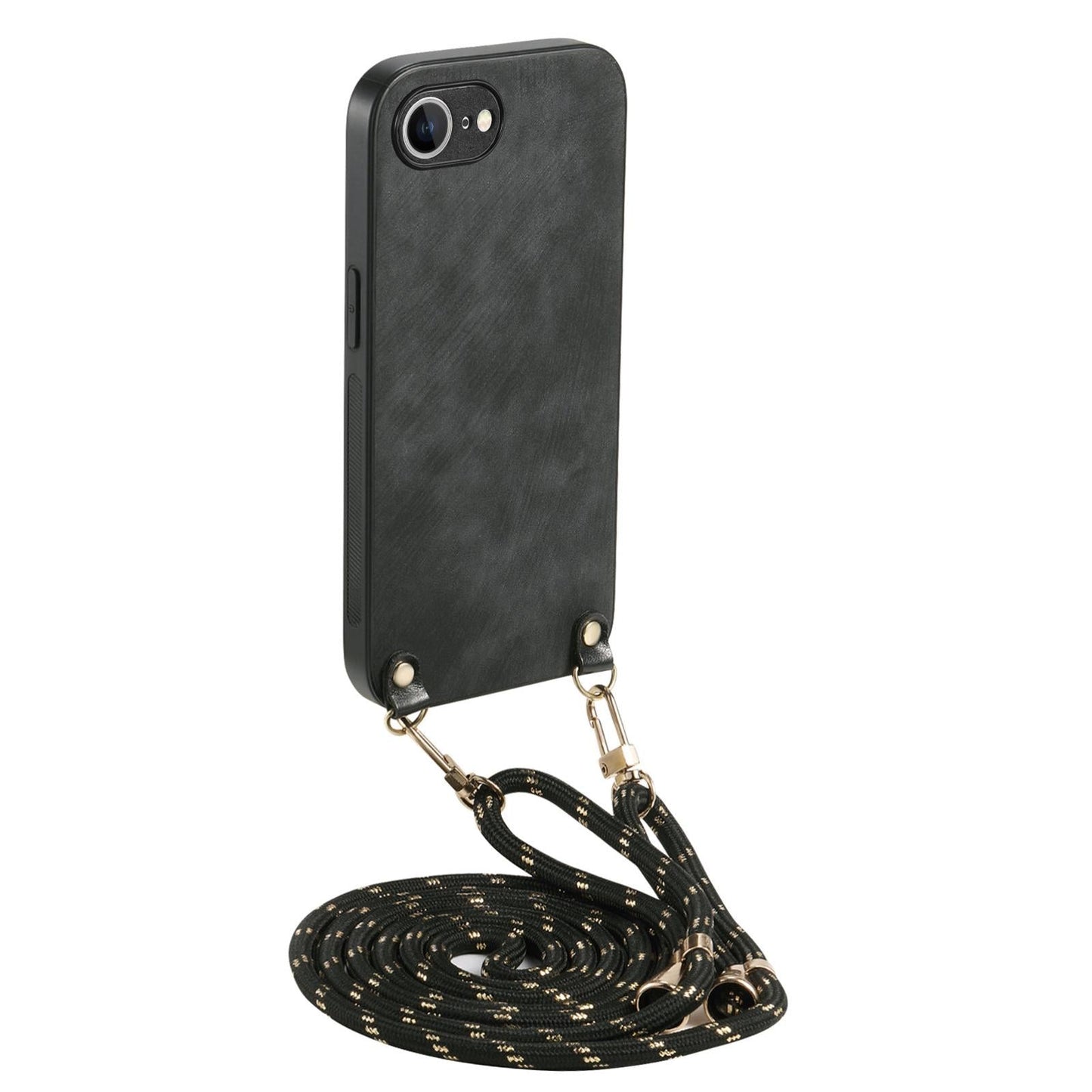 For  iPhone 16e Vintage Leather PC Back Cover Phone Case with Crossbody Strap(Black)