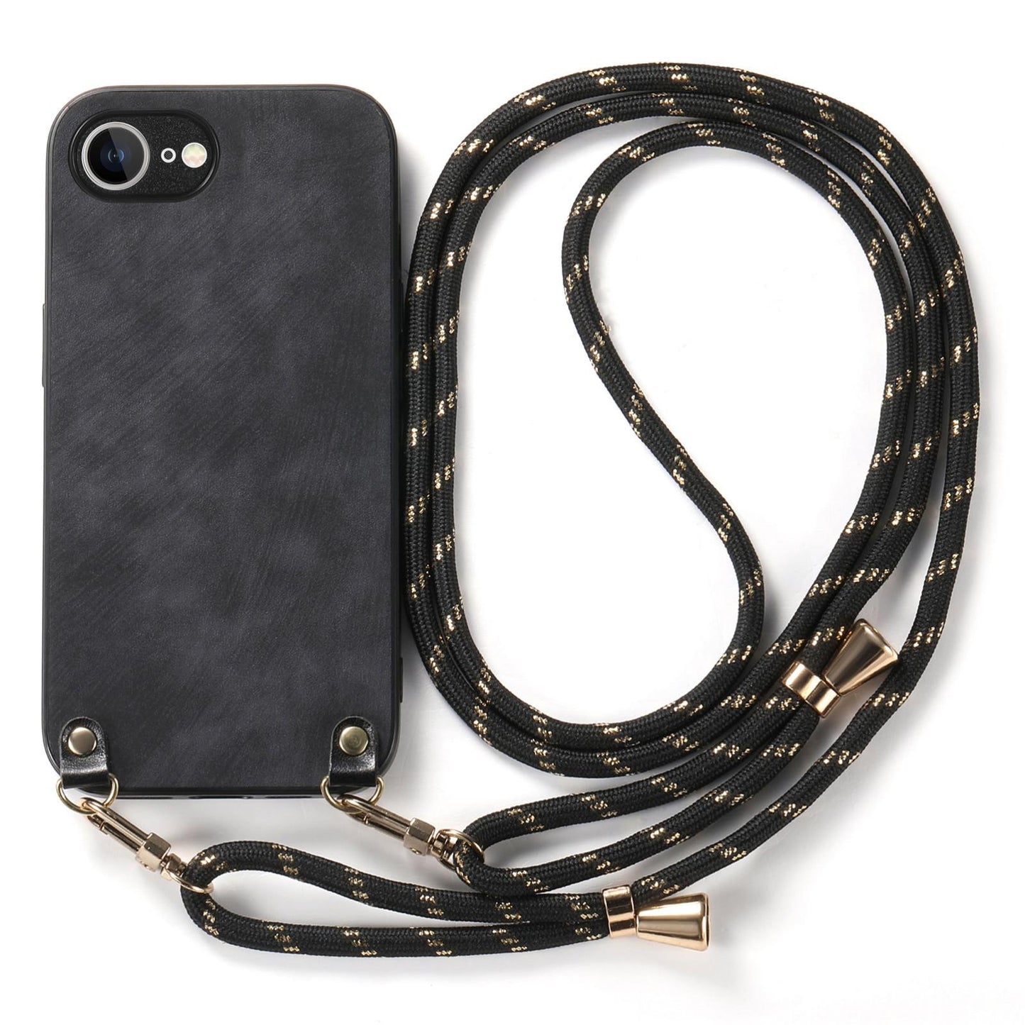 For  iPhone 16e Vintage Leather PC Back Cover Phone Case with Crossbody Strap(Black)