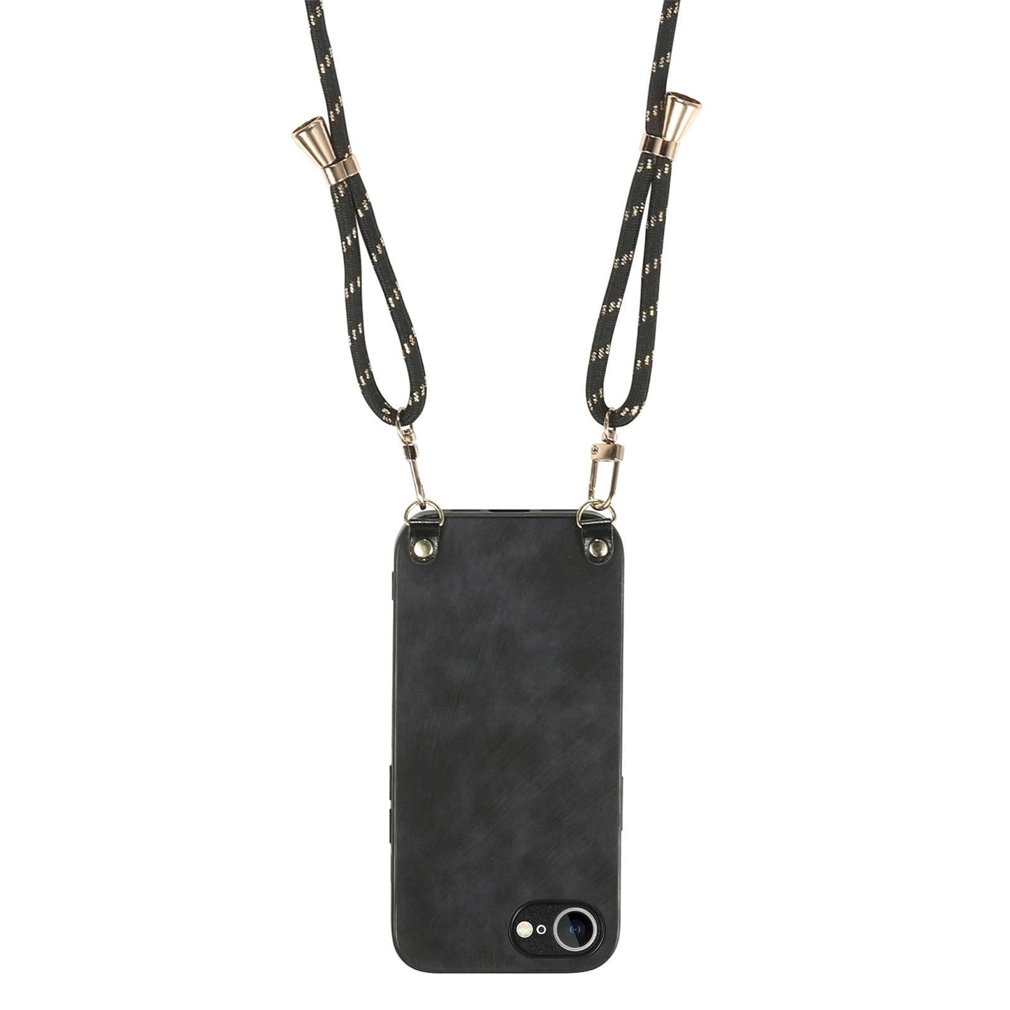 For  iPhone 16e Vintage Leather PC Back Cover Phone Case with Crossbody Strap(Black)