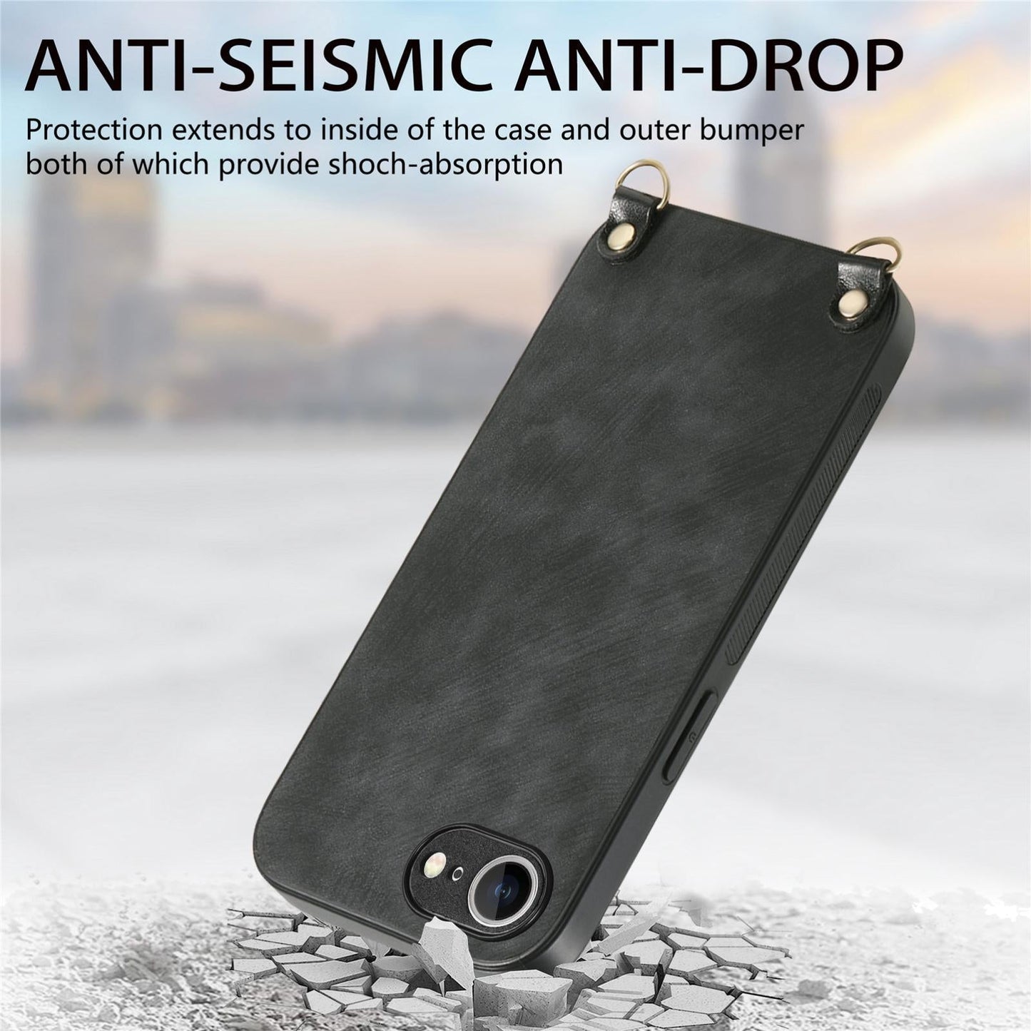 For  iPhone 16e Vintage Leather PC Back Cover Phone Case with Crossbody Strap(Black)