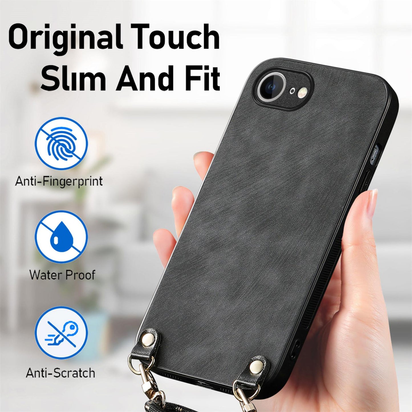 For  iPhone 16e Vintage Leather PC Back Cover Phone Case with Crossbody Strap(Black)