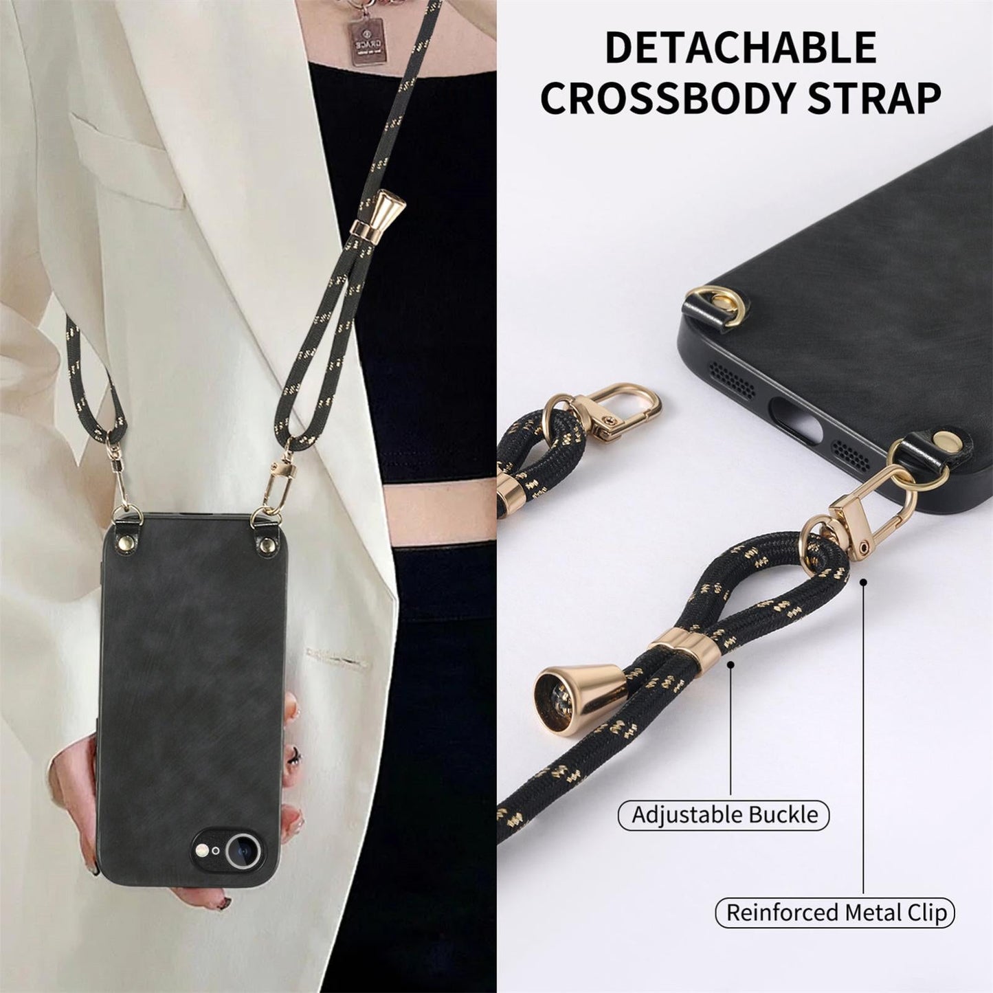 For  iPhone 16e Vintage Leather PC Back Cover Phone Case with Crossbody Strap(Black)