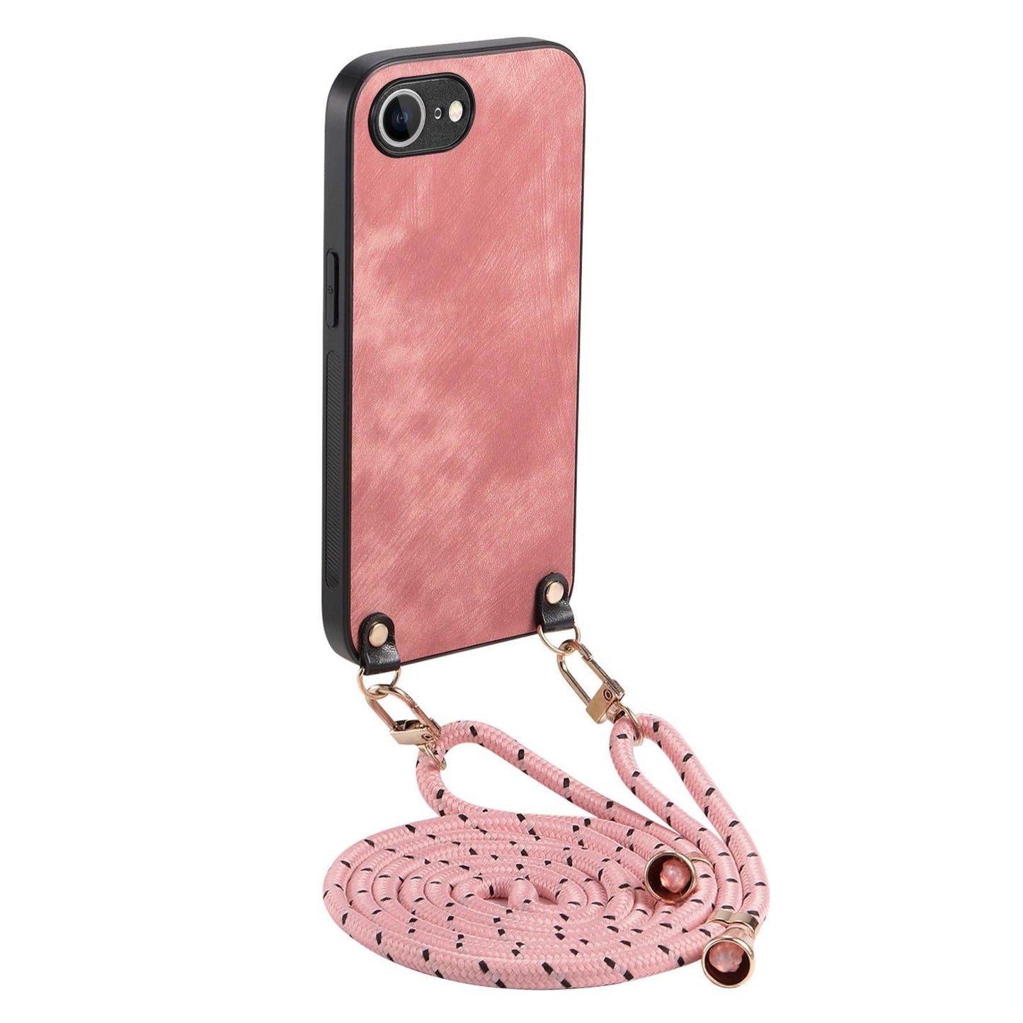 For  iPhone 16e Vintage Leather PC Back Cover Phone Case with Crossbody Strap(Pink)
