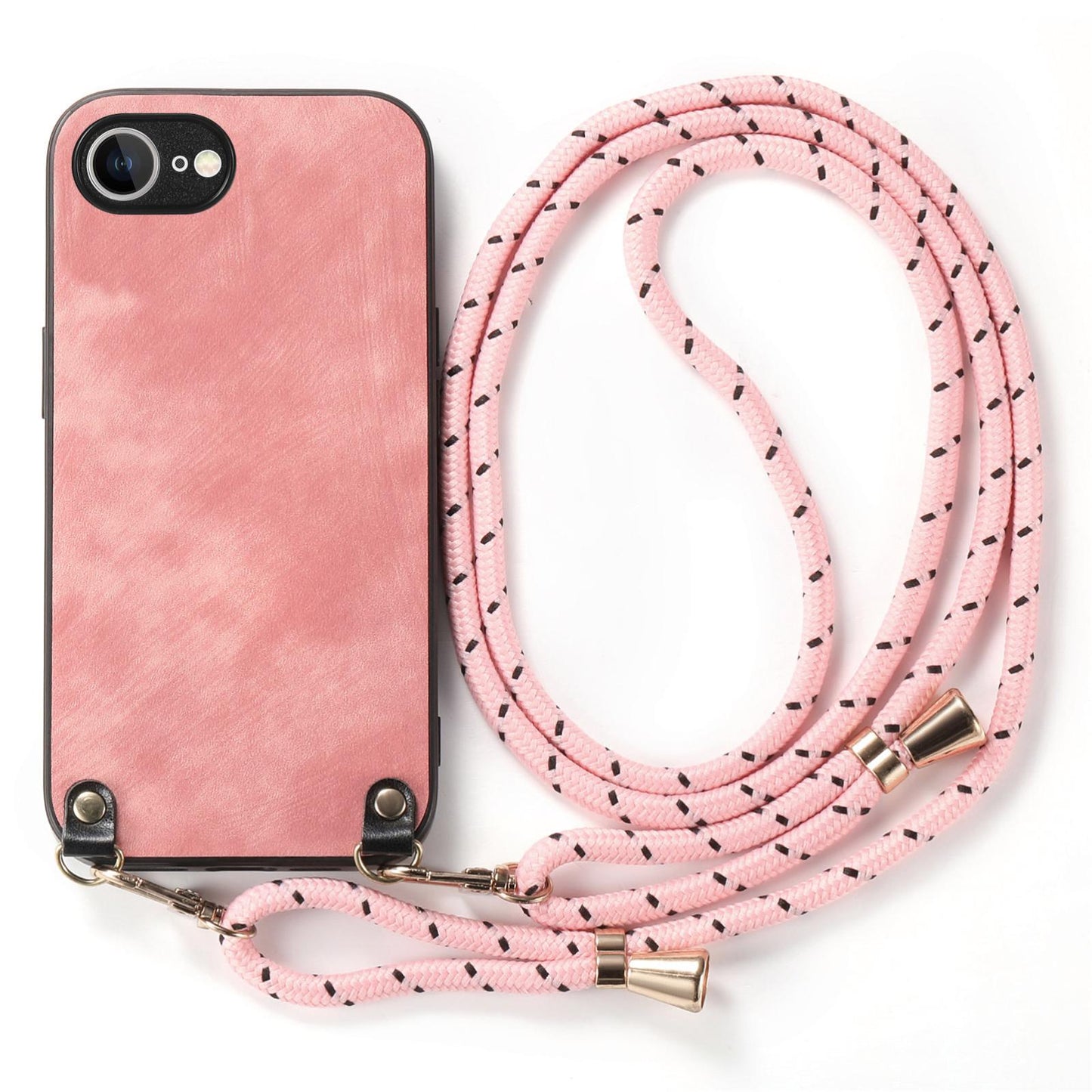 For  iPhone 16e Vintage Leather PC Back Cover Phone Case with Crossbody Strap(Pink)