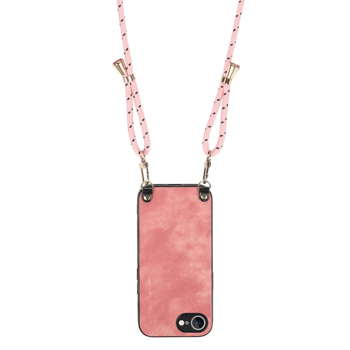 For  iPhone 16e Vintage Leather PC Back Cover Phone Case with Crossbody Strap(Pink)
