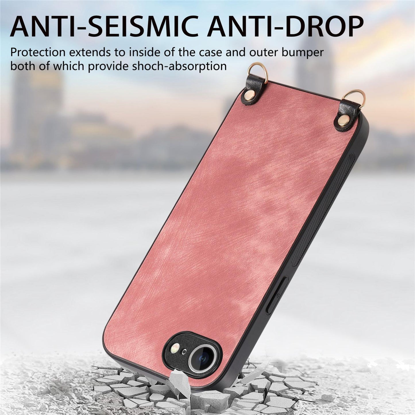 For  iPhone 16e Vintage Leather PC Back Cover Phone Case with Crossbody Strap(Pink)