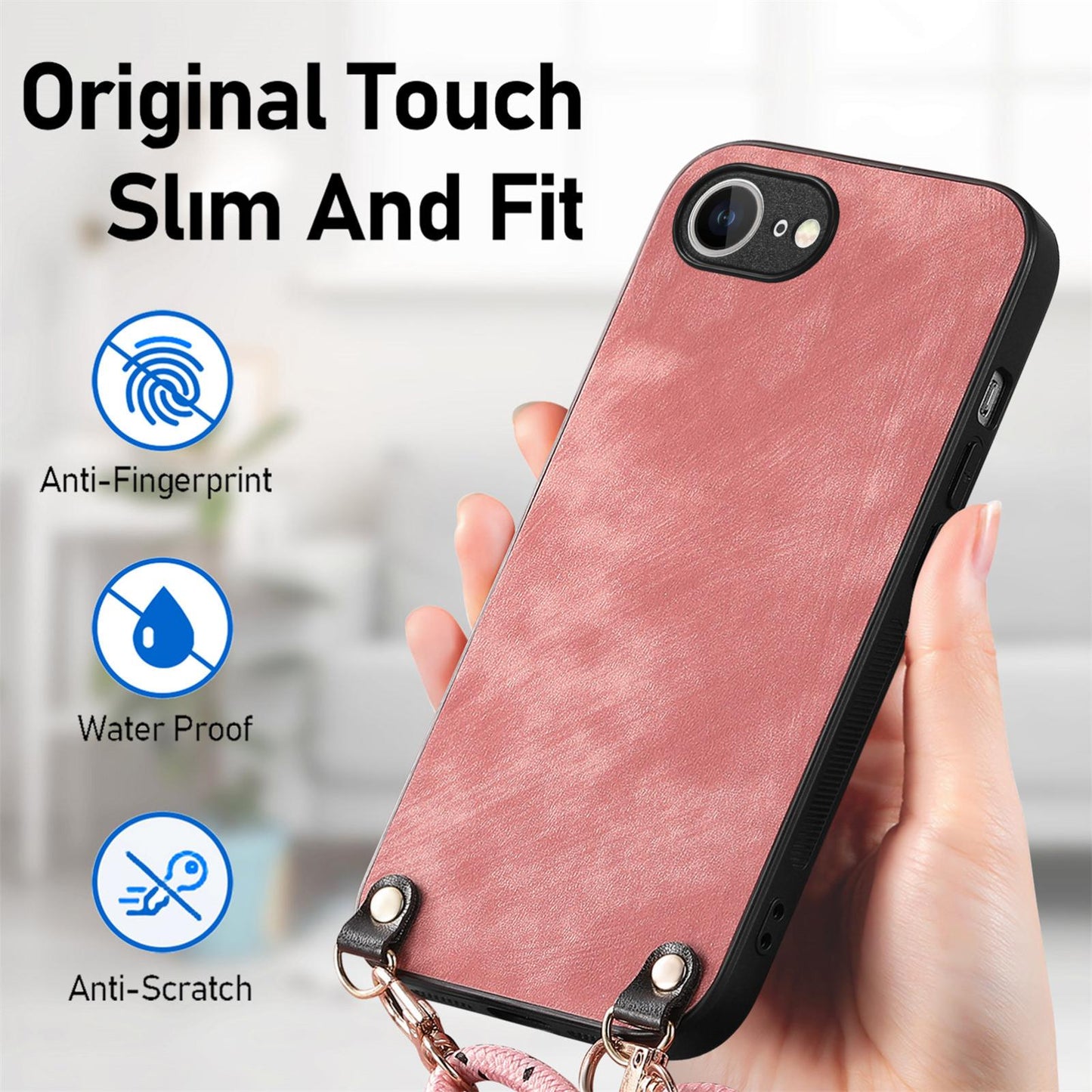 For  iPhone 16e Vintage Leather PC Back Cover Phone Case with Crossbody Strap(Pink)