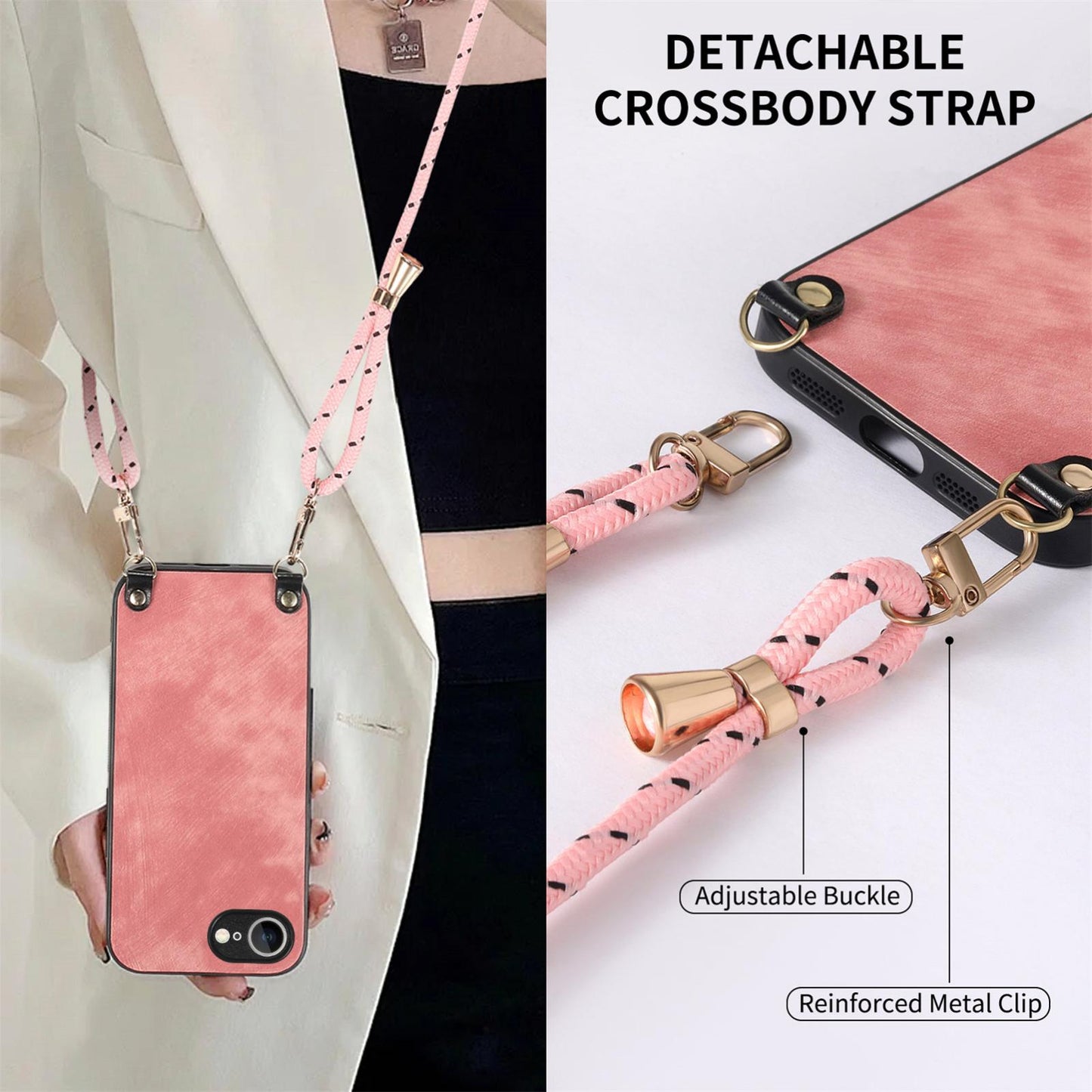 For  iPhone 16e Vintage Leather PC Back Cover Phone Case with Crossbody Strap(Pink)