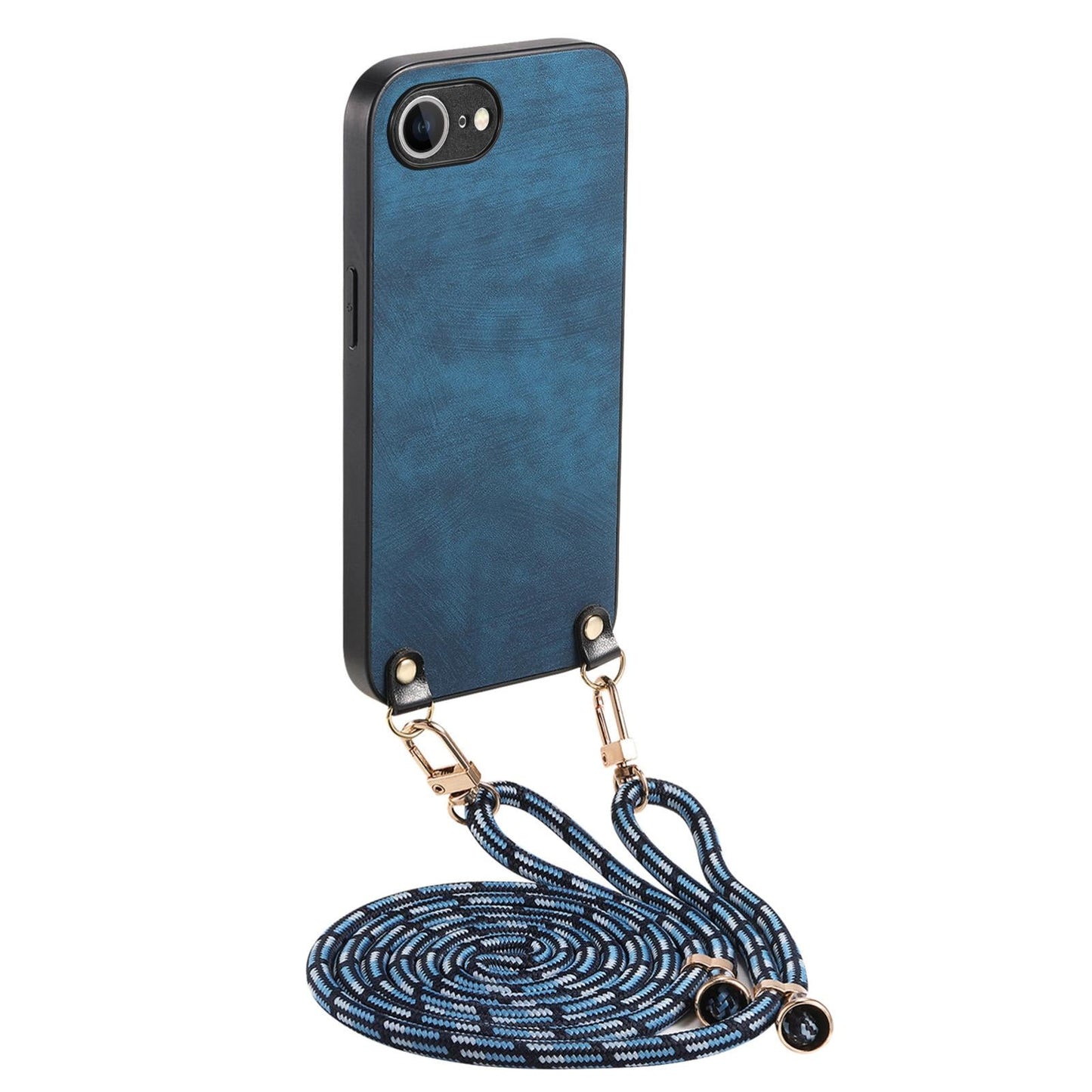 For  iPhone 16e Vintage Leather PC Back Cover Phone Case with Crossbody Strap(Blue)