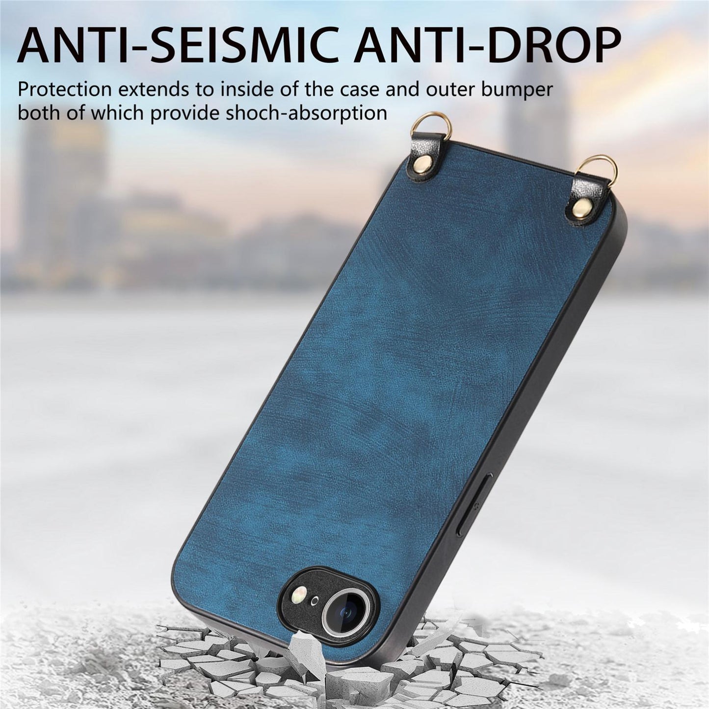 For  iPhone 16e Vintage Leather PC Back Cover Phone Case with Crossbody Strap(Blue)