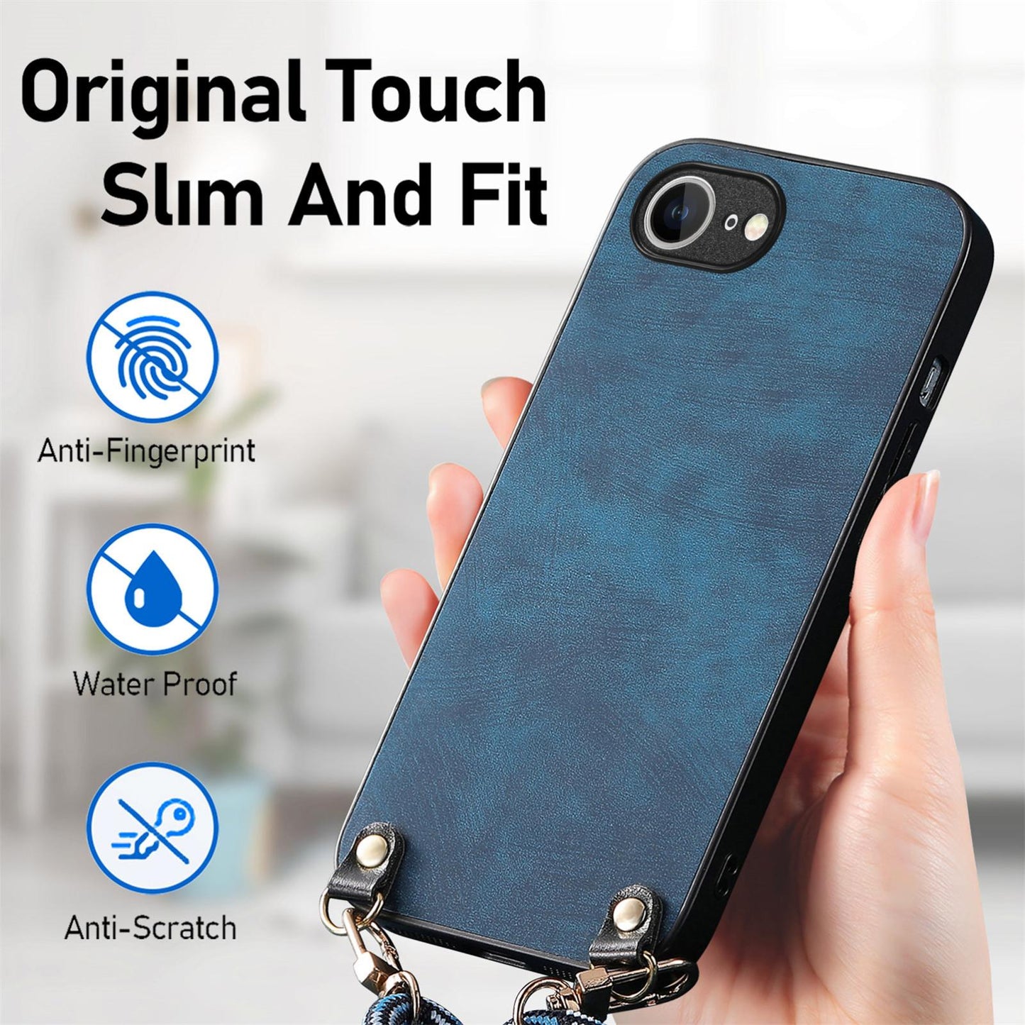For  iPhone 16e Vintage Leather PC Back Cover Phone Case with Crossbody Strap(Blue)