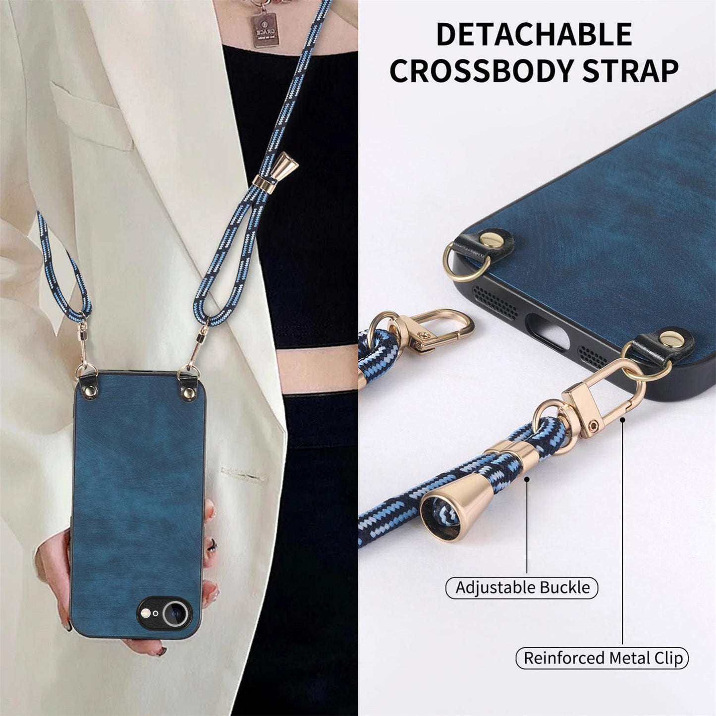 For  iPhone 16e Vintage Leather PC Back Cover Phone Case with Crossbody Strap(Blue)