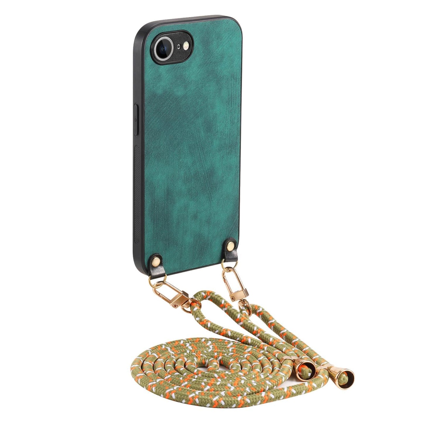 For  iPhone 16e Vintage Leather PC Back Cover Phone Case with Crossbody Strap(Green)