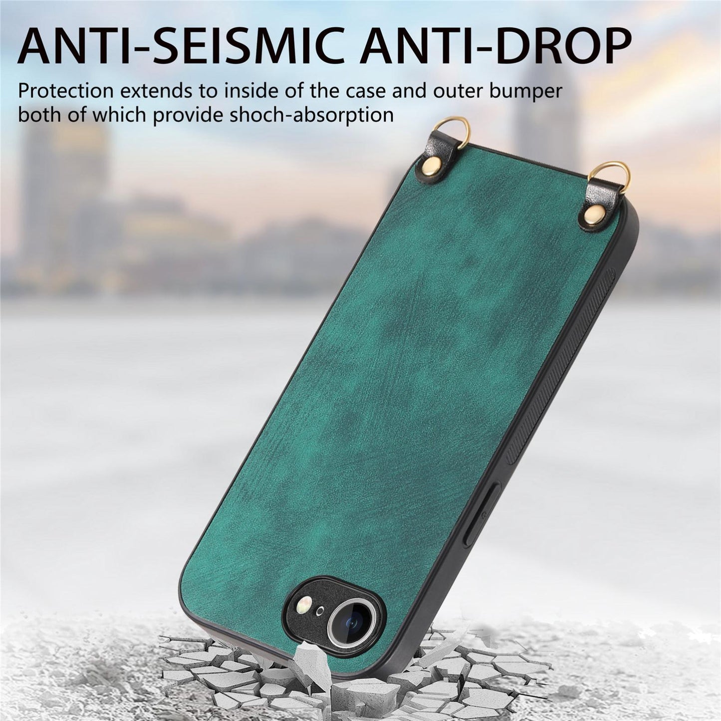 For  iPhone 16e Vintage Leather PC Back Cover Phone Case with Crossbody Strap(Green)