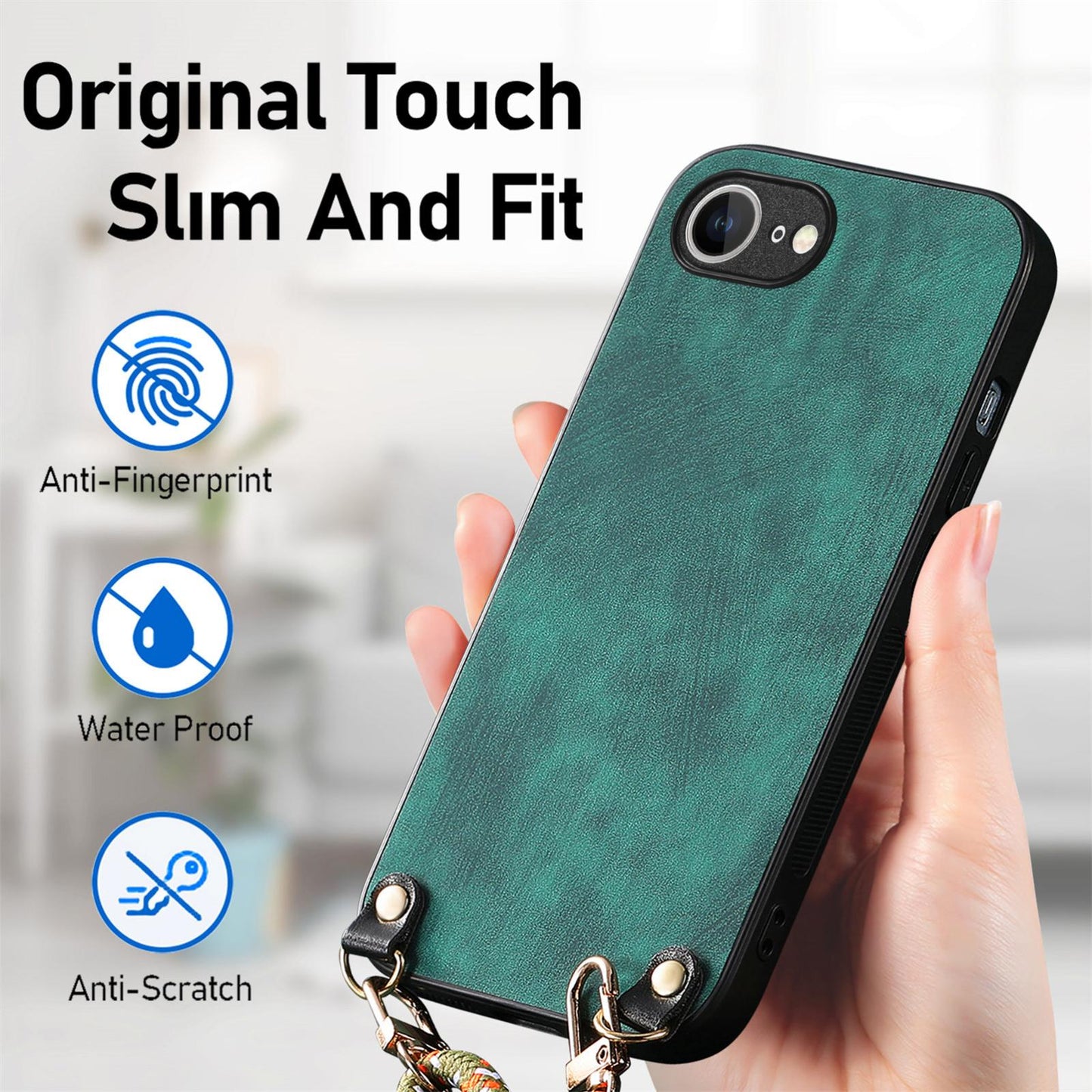 For  iPhone 16e Vintage Leather PC Back Cover Phone Case with Crossbody Strap(Green)