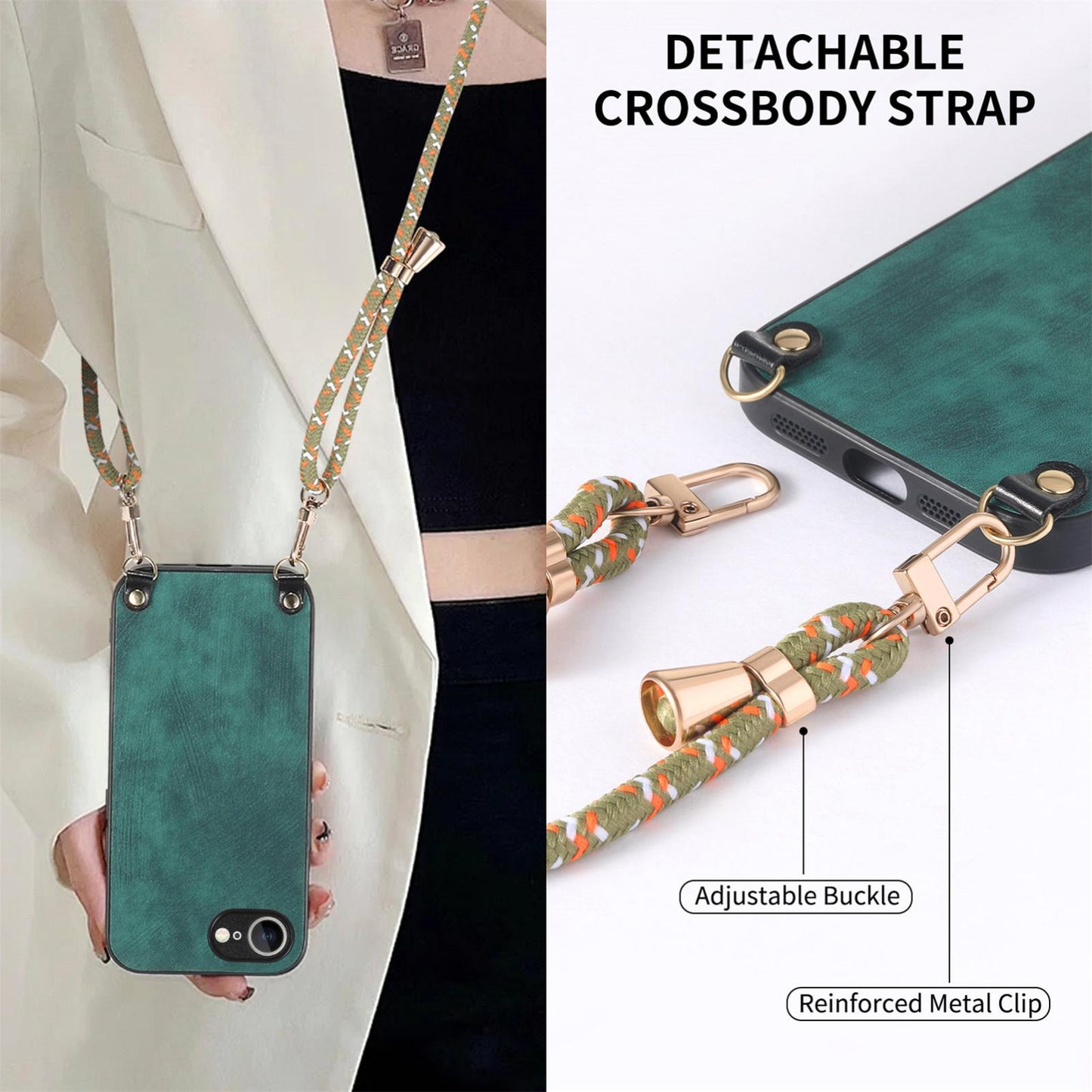 For  iPhone 16e Vintage Leather PC Back Cover Phone Case with Crossbody Strap(Green)